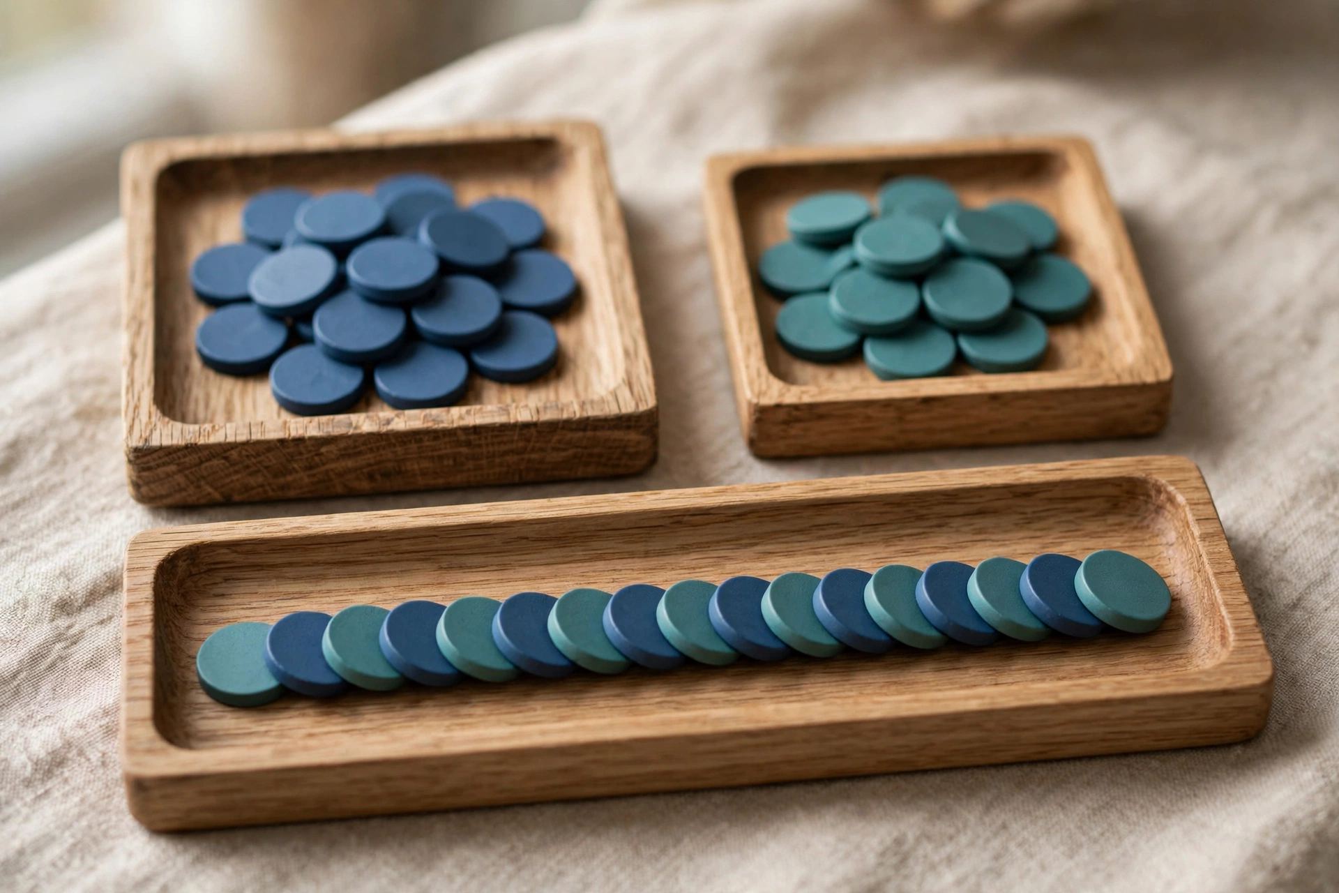 Two wooden trays hold separate piles of blue and teal tokens, with a third tray showing a neat sequence of both colors combined.