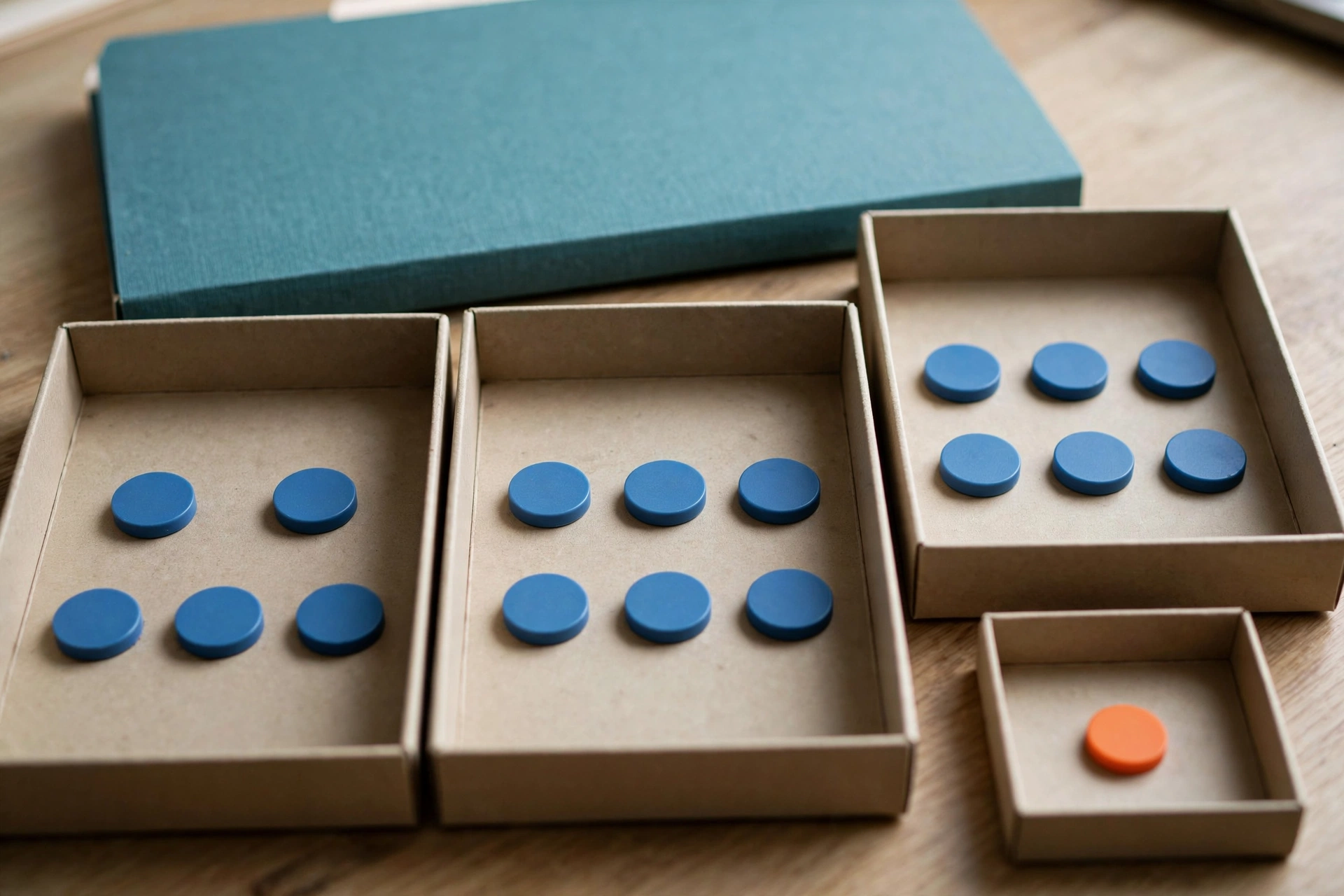 Blue tokens are distributed across three cardboard trays, with one orange token in a small separate tray, and a teal folder behind.