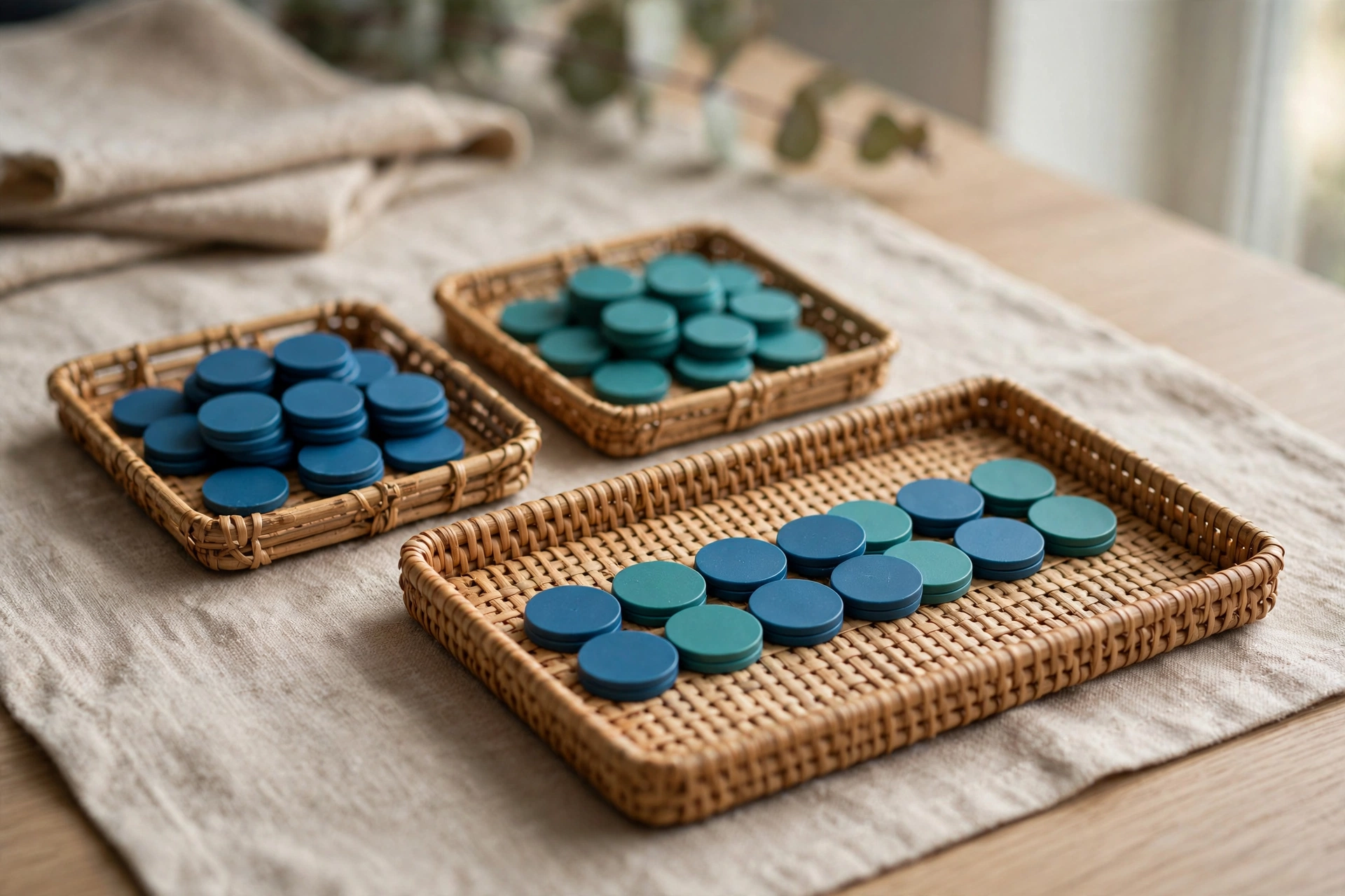 Three woven trays with blue and teal tokens are arranged on a neutral cloth, symbolizing integration.