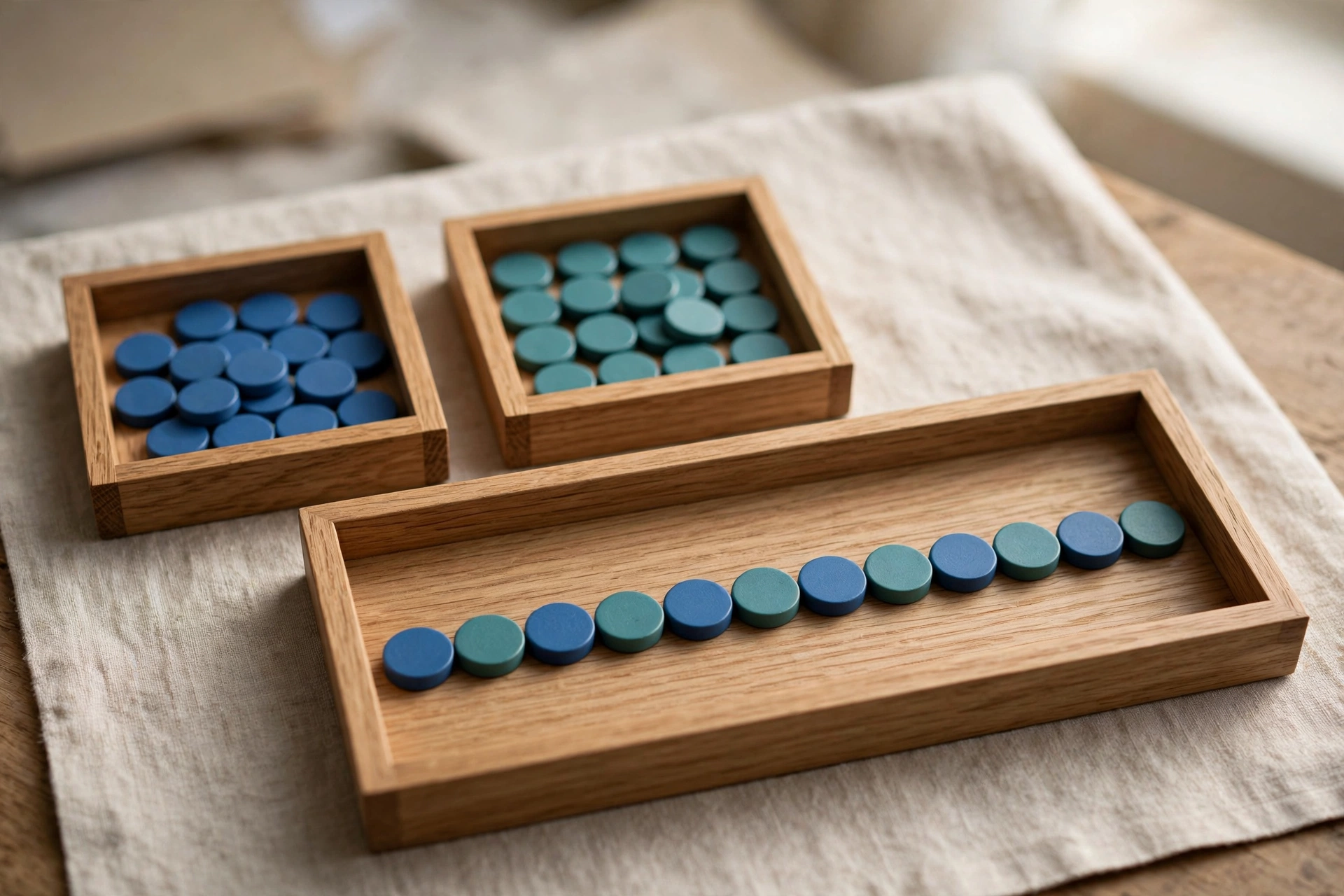 Two wooden trays hold separate groups of blue and teal tokens, with a third tray showing a combined sequence of both colors.