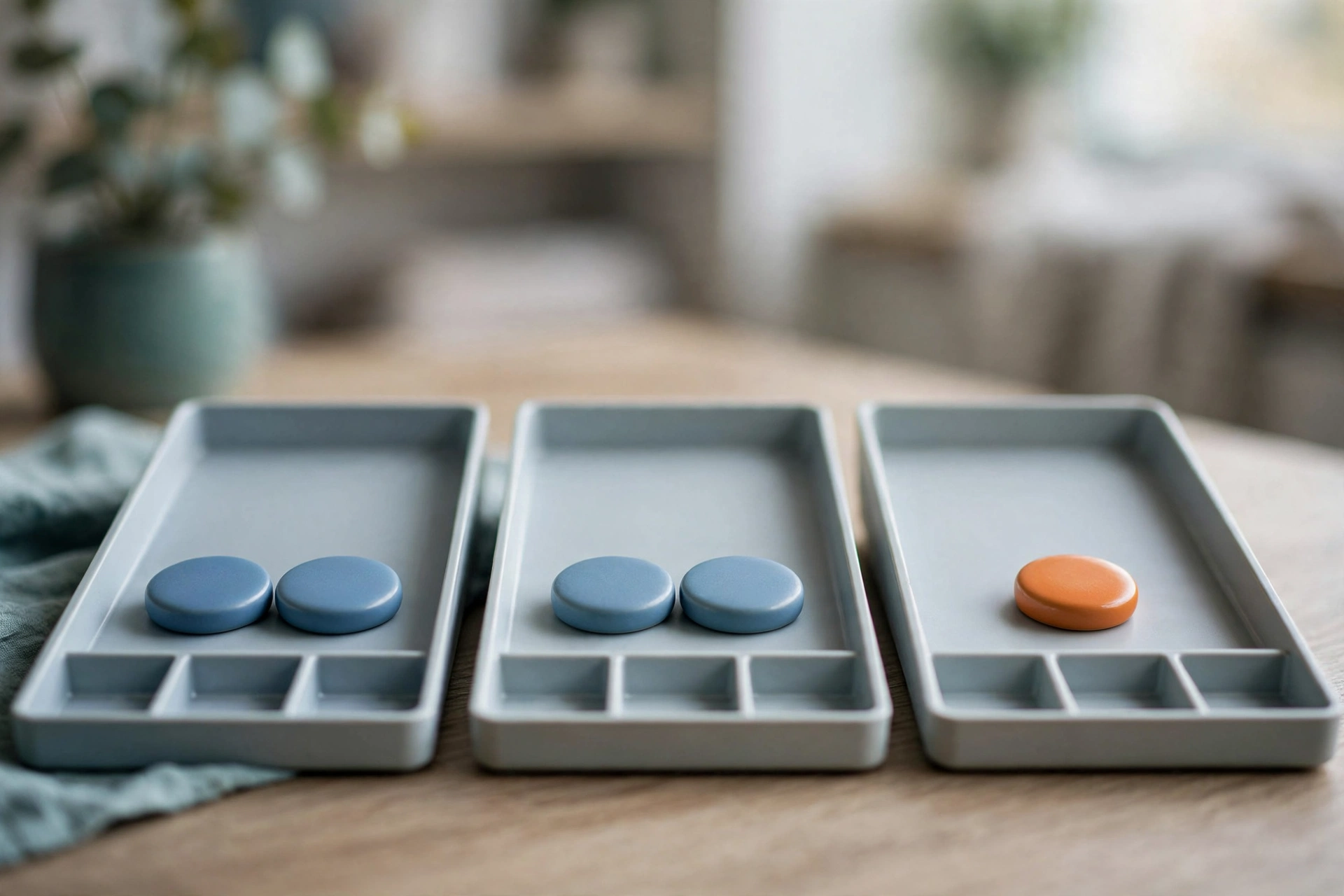 Three office sorting trays with blue and orange tokens are arranged on a desk.