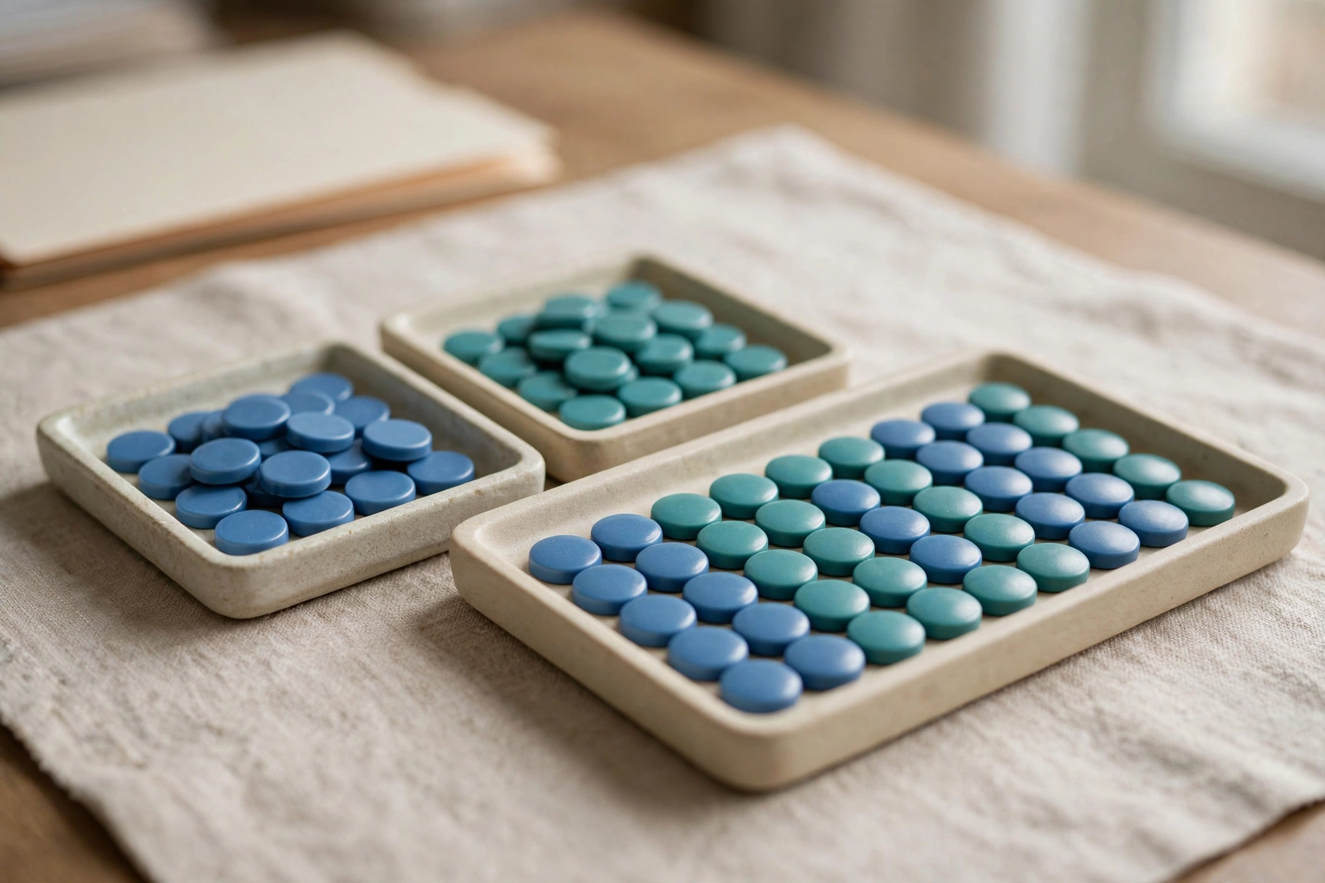Two small trays of blue and teal tokens are shown next to a larger tray with a neat sequence of both colors, representing data consolidation.