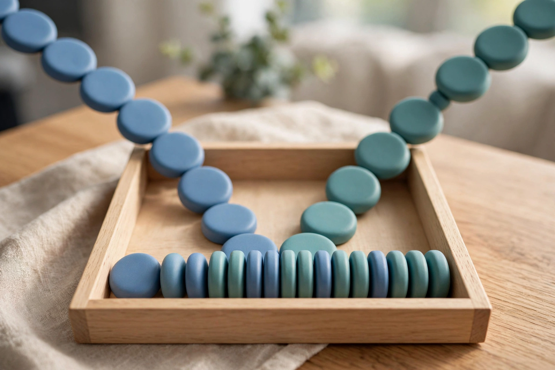 Two strands of blue and teal tokens converge into a single ordered row within a wooden sorting tray.