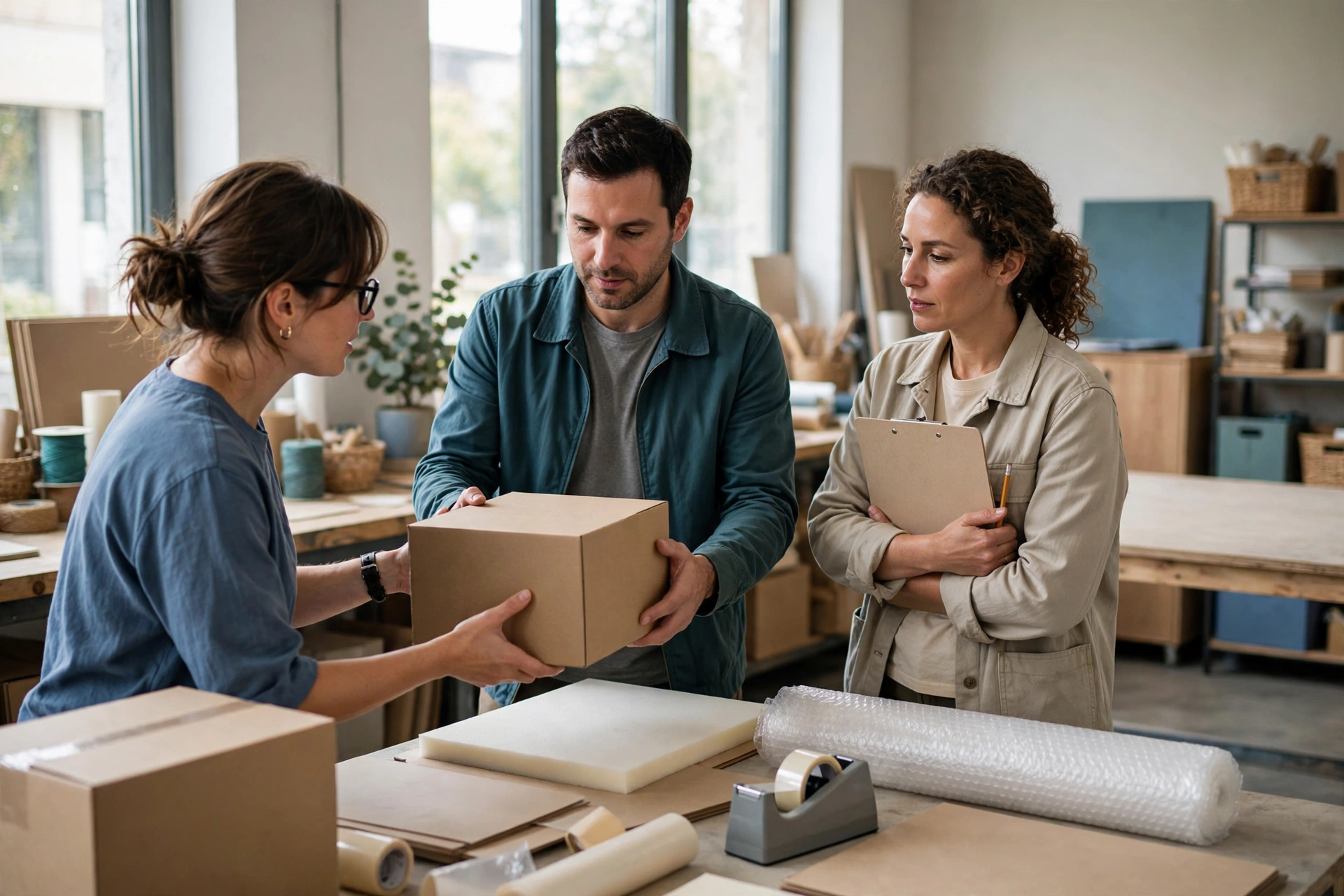 A woman hands a box to a man while another woman holds a clipboard in a studio.