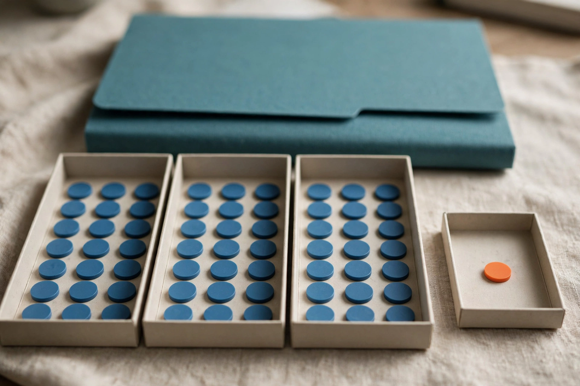 Blue tokens are distributed in three trays, and one orange token sits alone in a fourth tray, with a teal folder behind.