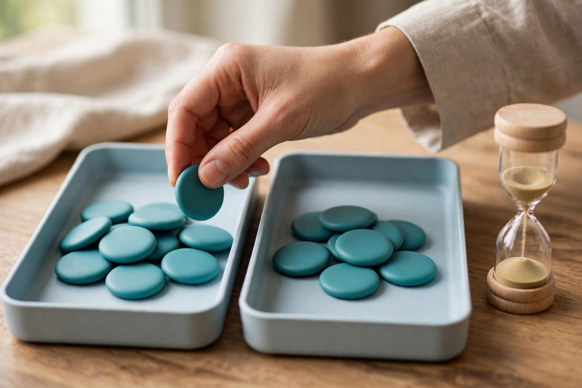 A person's hand moves a teal token from a left tray to a right tray beside a flowing hourglass on a wooden desk.