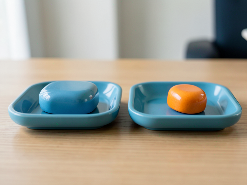 Two blue tokens sit in matching blue trays, with one orange token in a separate blue tray on a wooden surface.