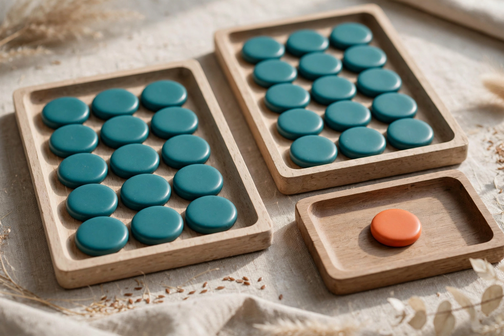 Three wooden trays with teal tokens and one orange token are arranged on a textured surface.