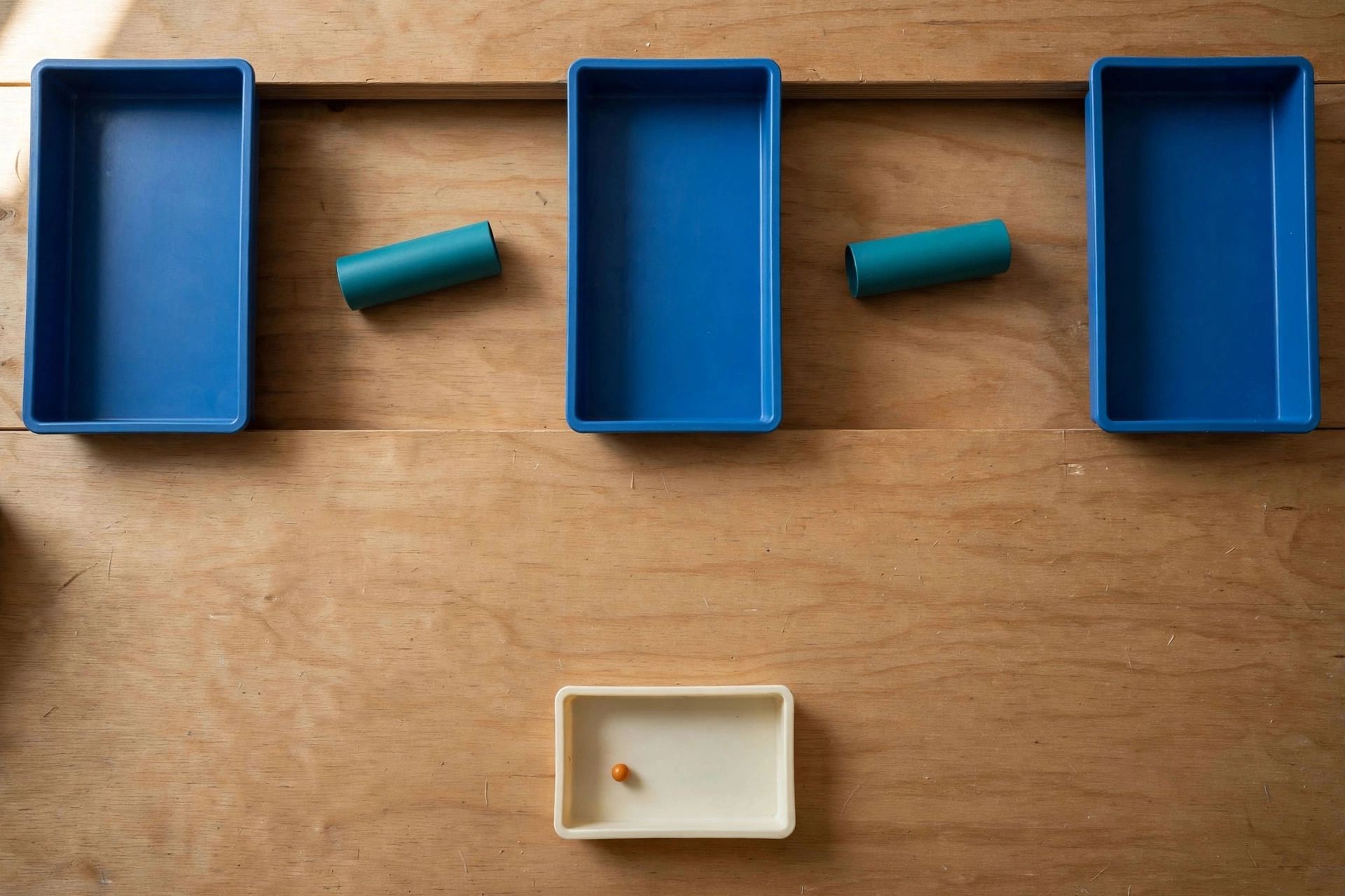 Three blue trays and two teal cylinders are arranged on a wooden surface, with a small ivory tray containing an orange bead below.