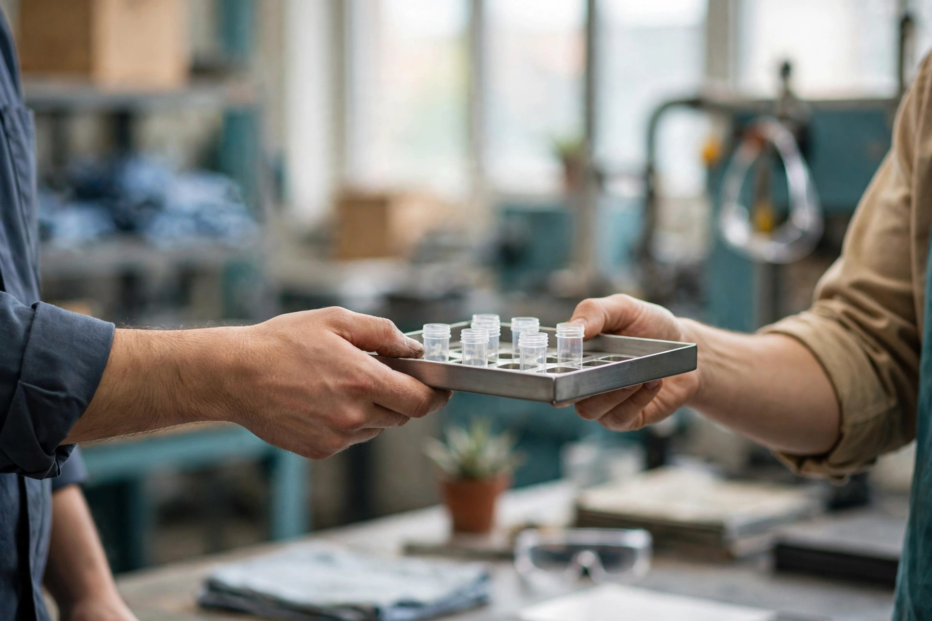 A plant operations colleague hands a sample tray with small vials to a customer-facing teammate in a manufacturing workshop.