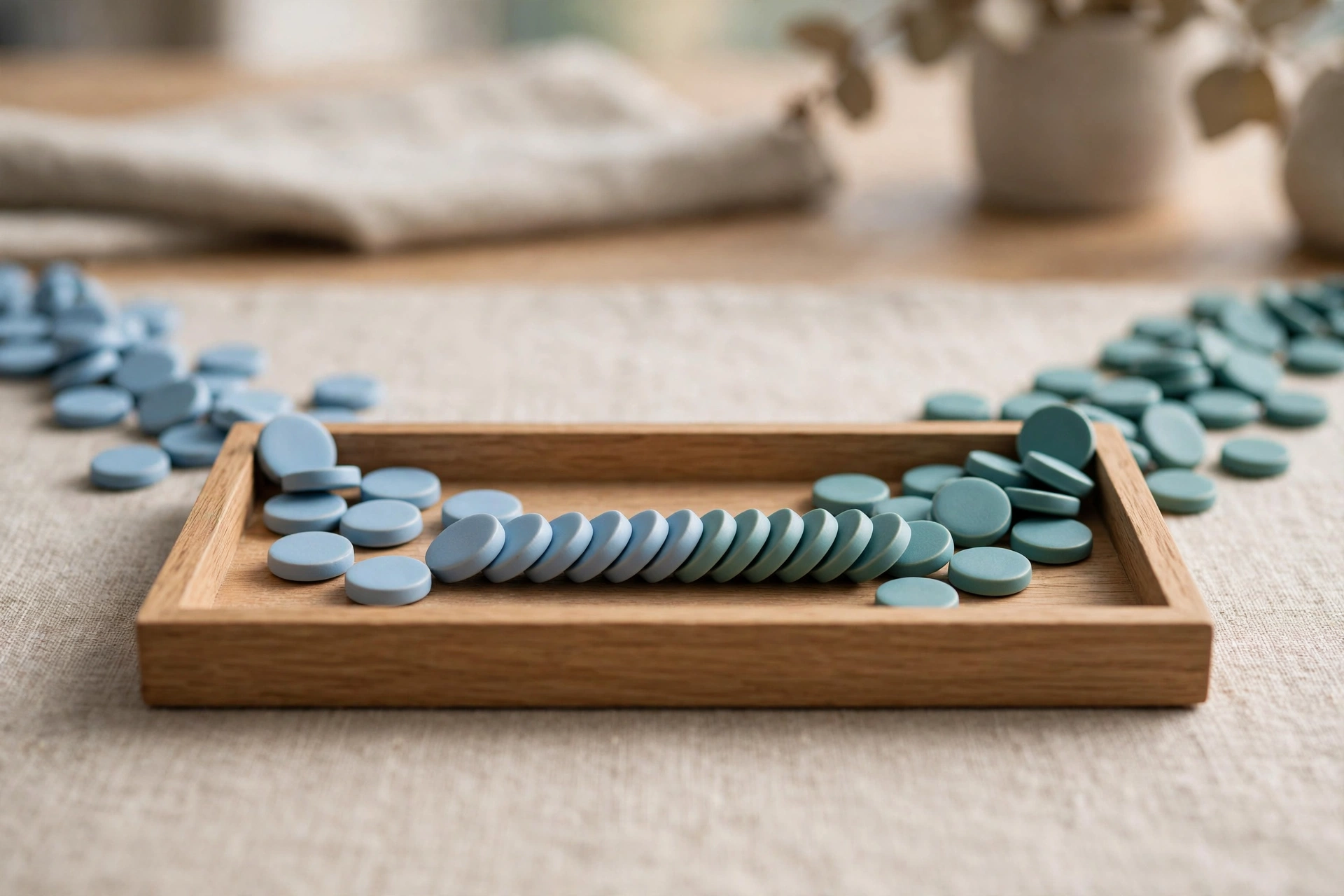 Two streams of blue and teal ceramic tokens converge into one neat ordered row inside a central shallow sorting tray.