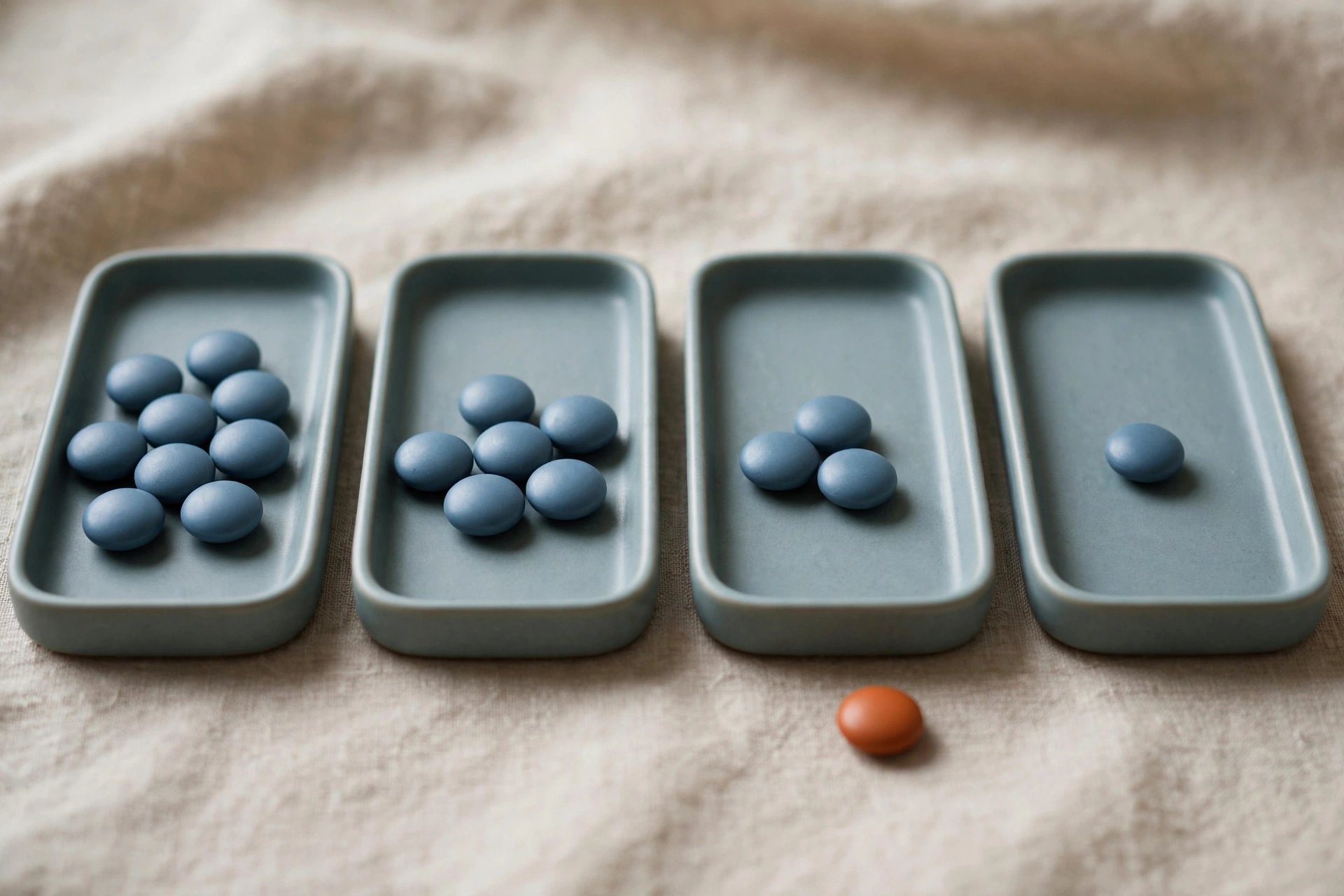 Four shallow trays with decreasing groups of blue tokens and one orange token beside an intermediate stage on a textured cloth.