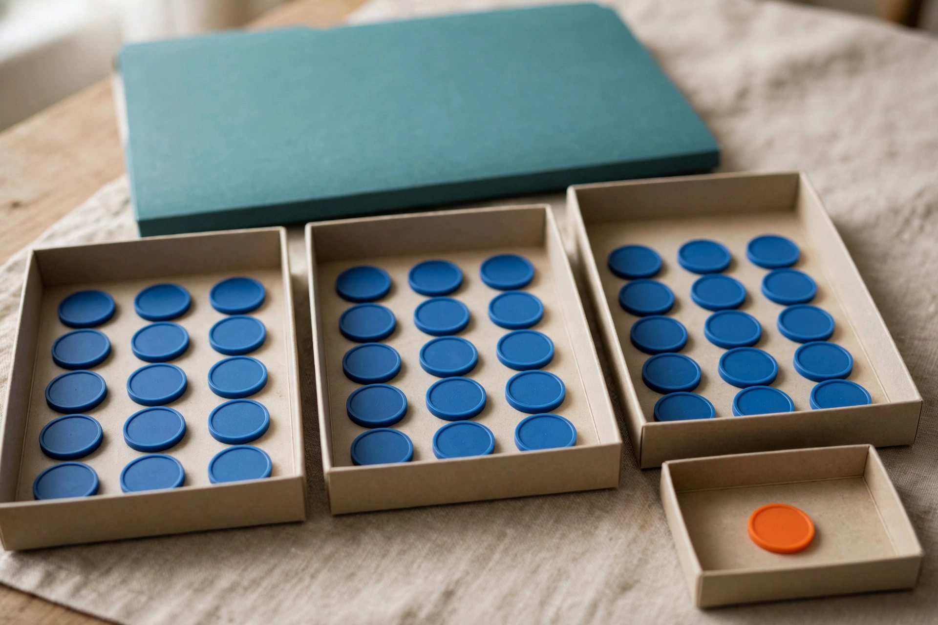 Blue tokens are distributed in three trays, and one orange token sits in a small separate tray, with a teal folder behind.