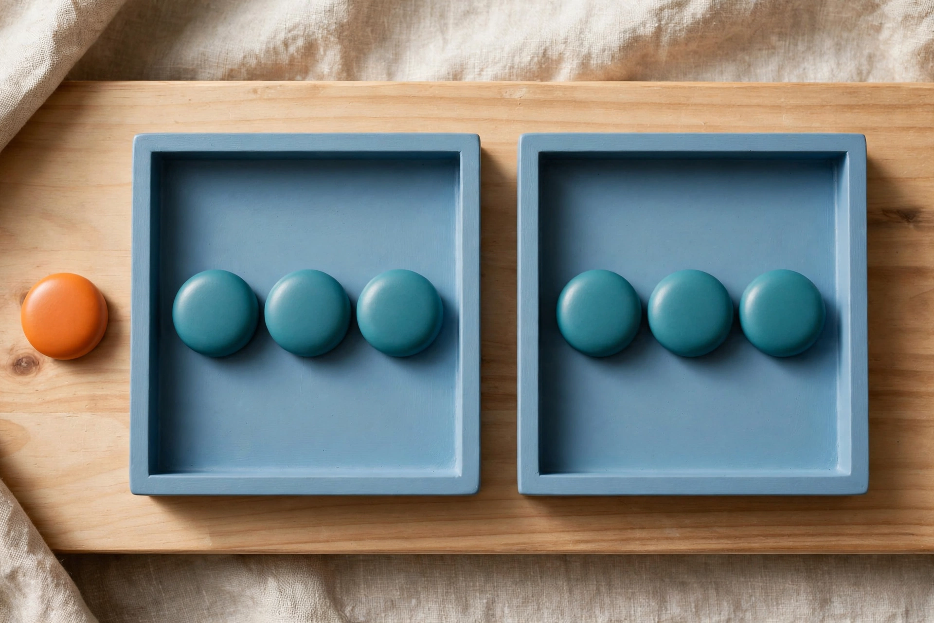 Two blue trays hold teal tokens, with an orange token placed separately to represent an unbilled exception.