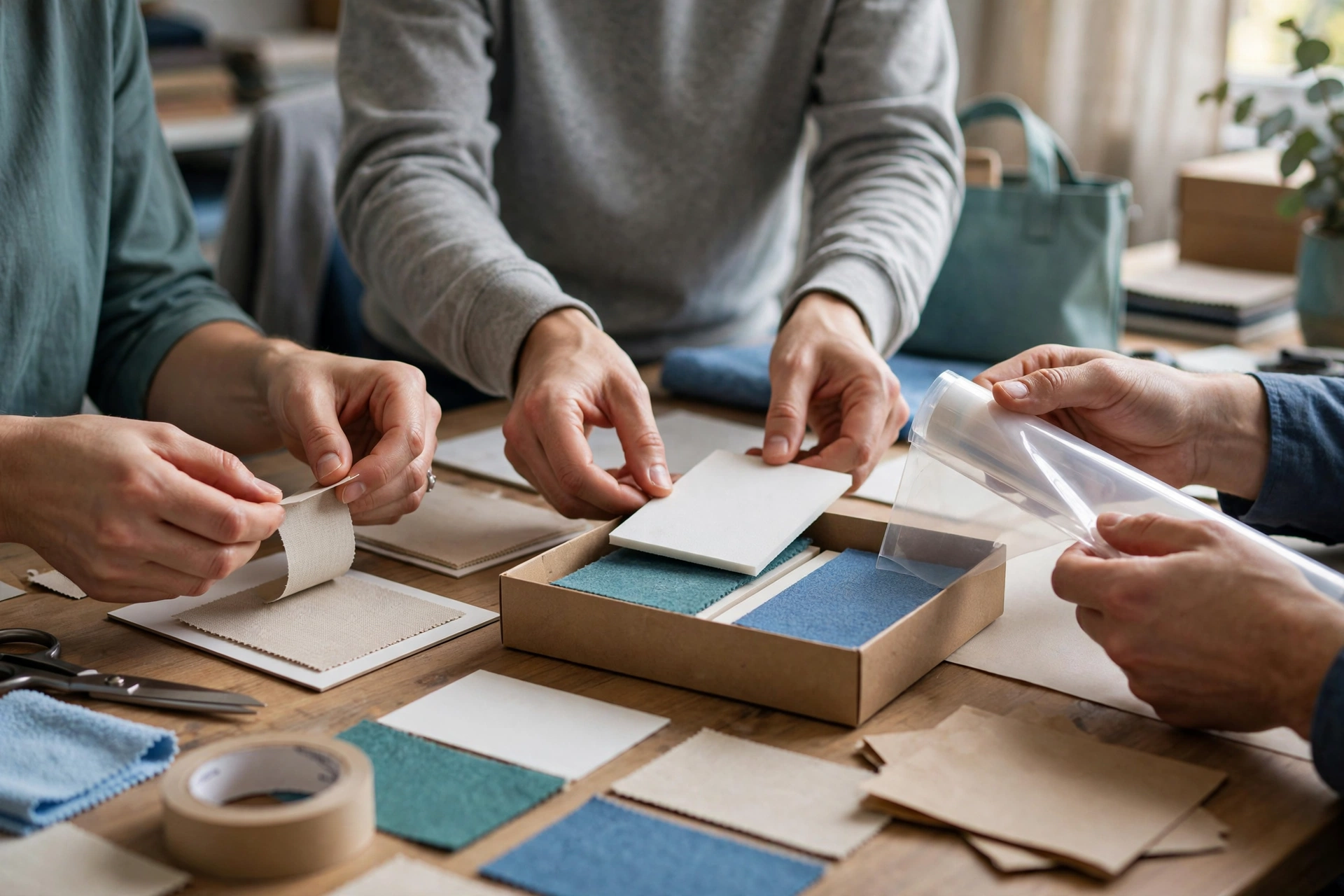 Three people are gathered around a wooden table, examining and organizing fabric swatches and white material samples.