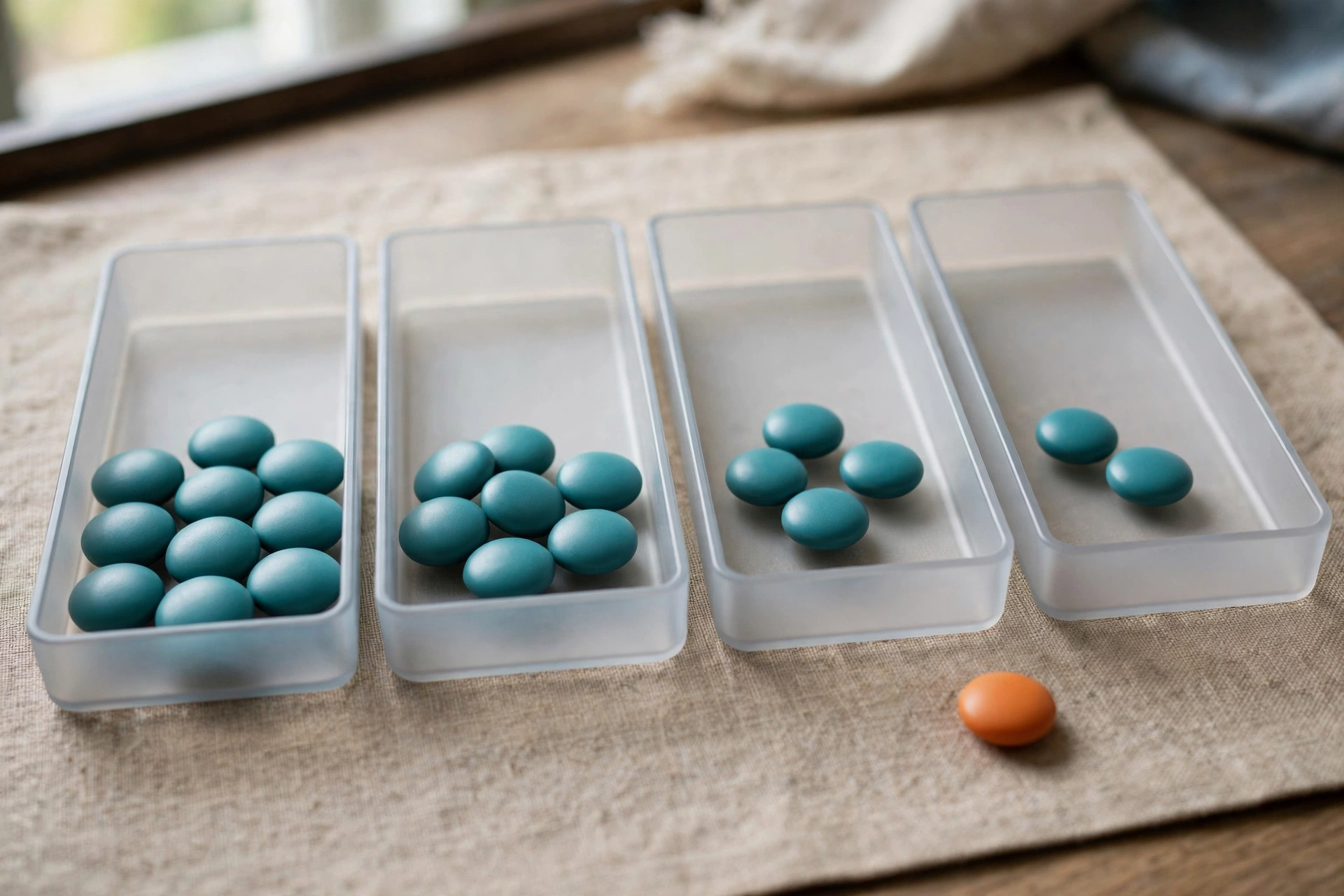 Four clear office sorting trays are arranged in a sequence with teal tokens, and an orange token is placed separately.