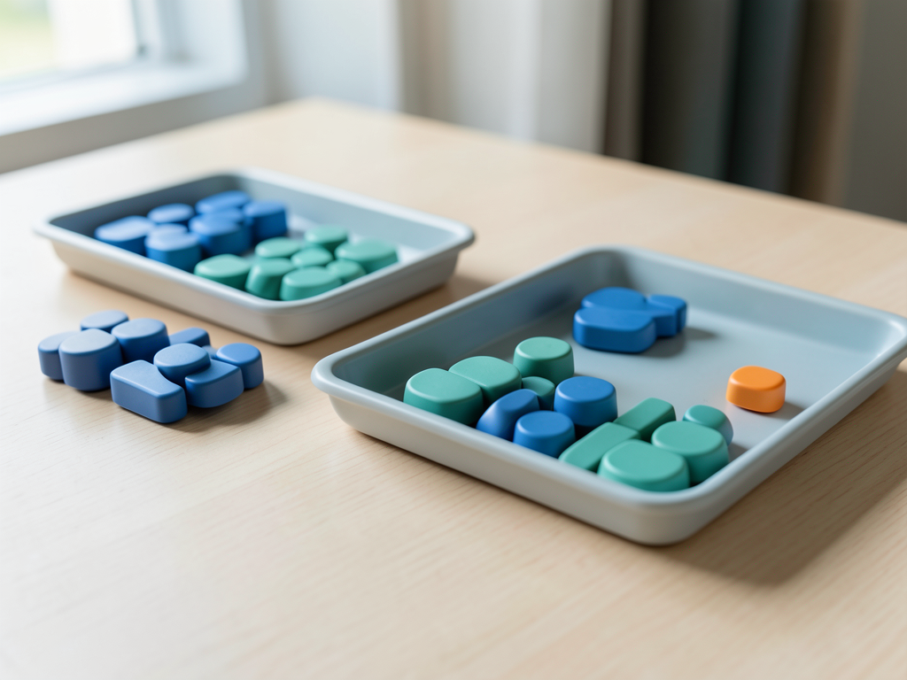 Two trays of blue and teal tokens are shown on a wooden desk, with one tray feeding into another.