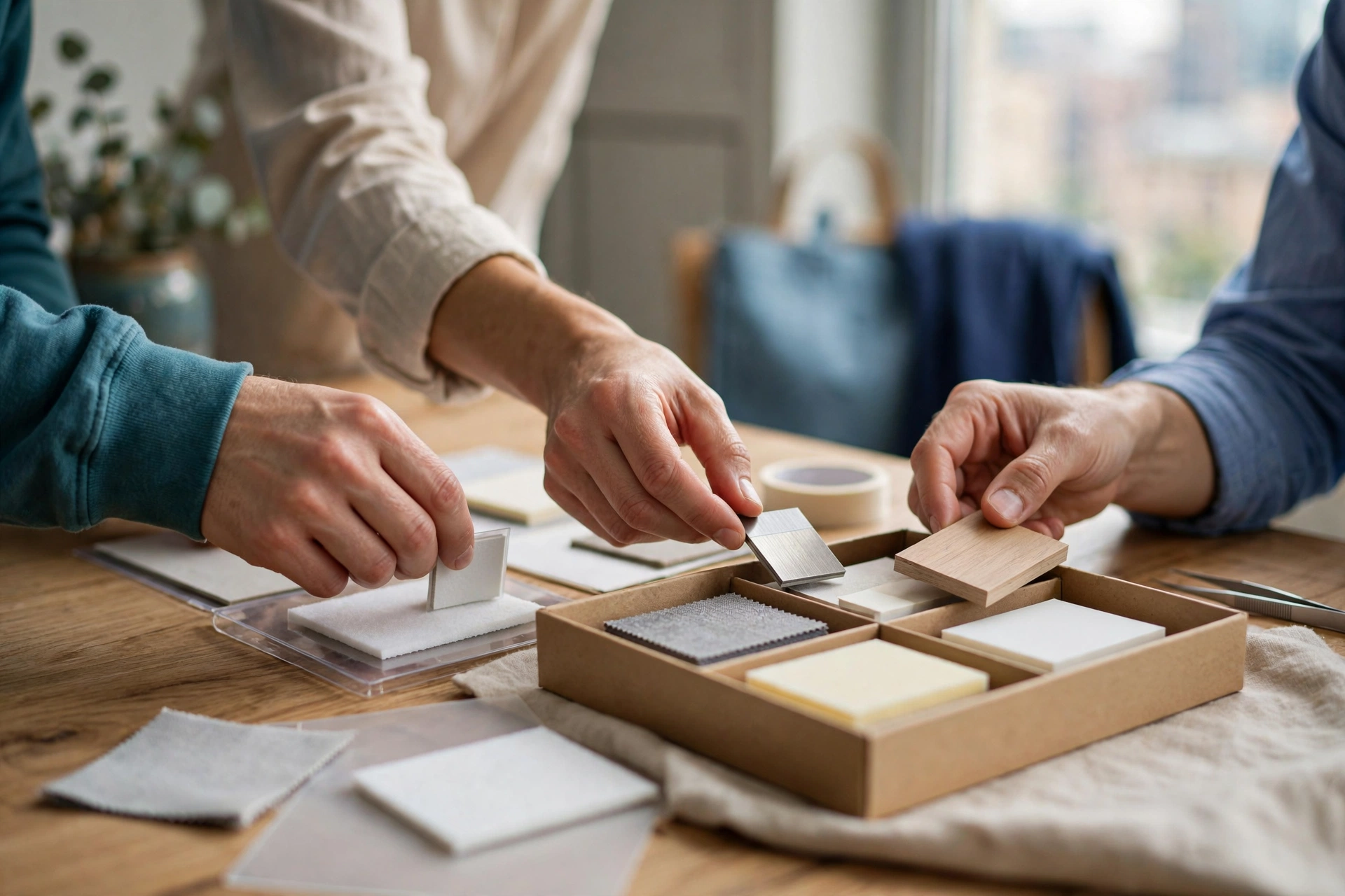 Three people's hands arrange material samples on a wooden table in a bright, natural light setting.