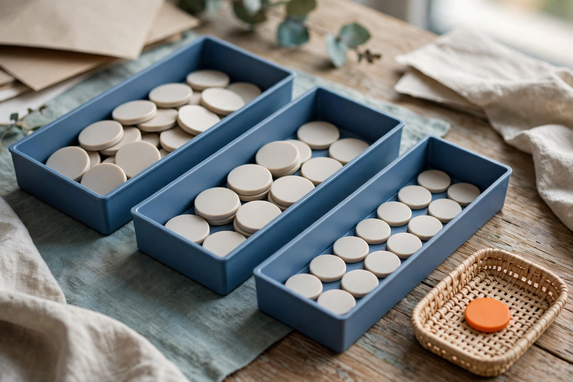 Three blue trays of blank tokens and a small basket with one orange token are arranged on a wooden surface.
