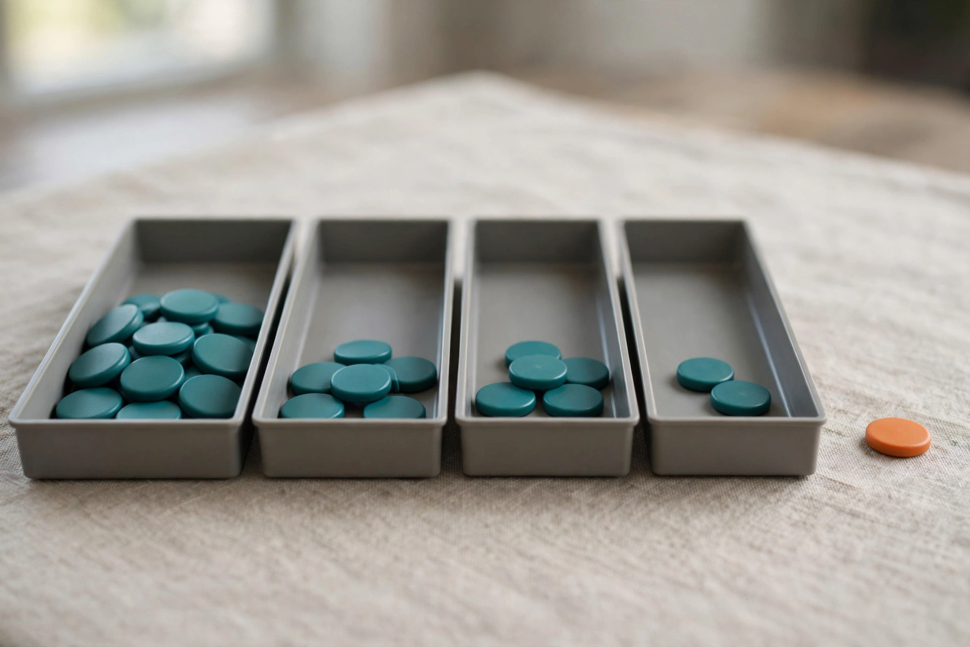 Four gray office sorting trays are arranged in a row, filled with teal tokens, with one orange token placed to the right of the last tray.