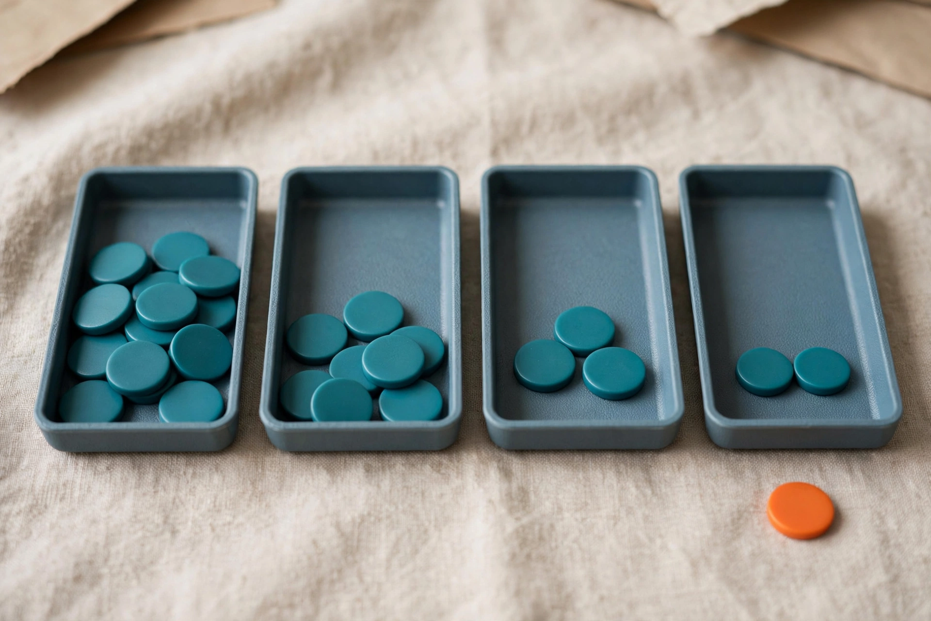 Four office sorting trays in a sequence hold decreasing groups of teal tokens, with a single orange token placed outside the sequence.