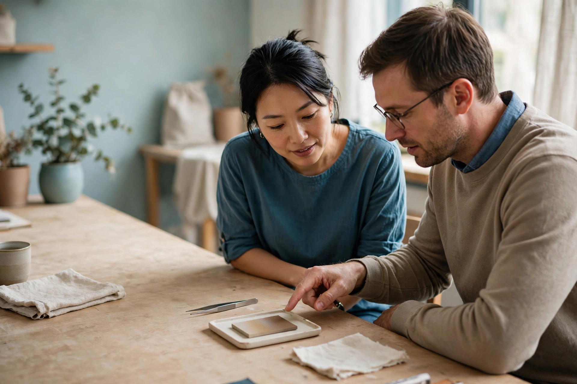 A man and a woman sit at a wooden table, looking at a small sample with a man pointing at it.