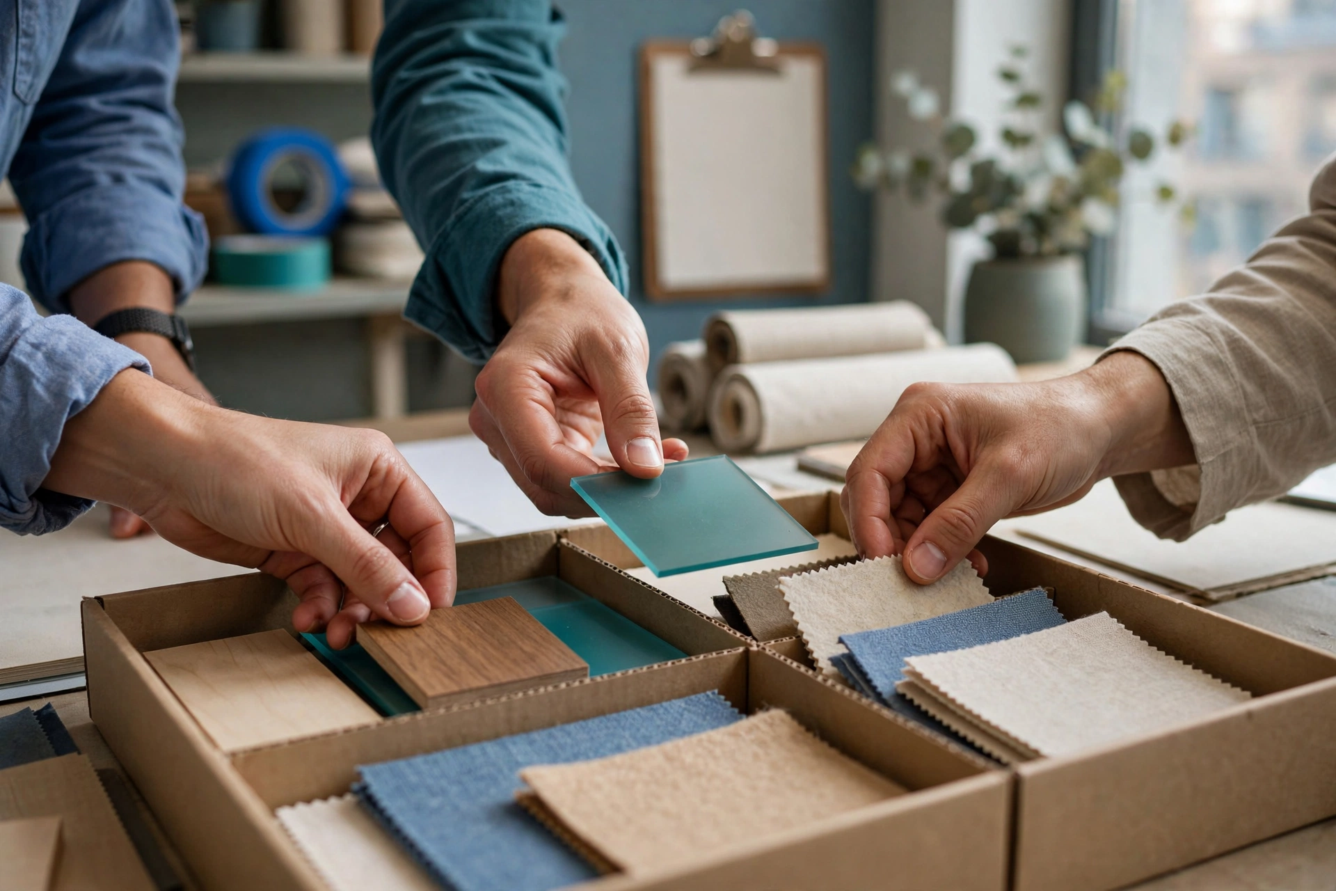 Three people's hands arrange material samples, including glass and fabric swatches, in a cardboard box in a workshop setting.