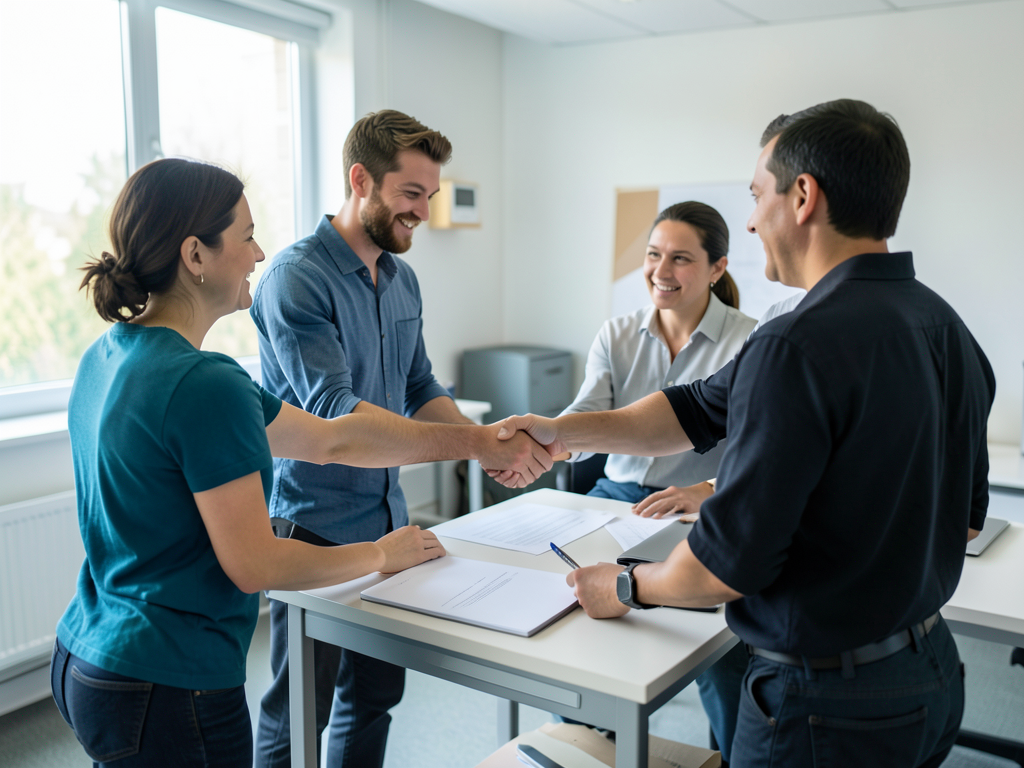 Four professionals shake hands across a table in a bright office room, with two women and two men smiling.