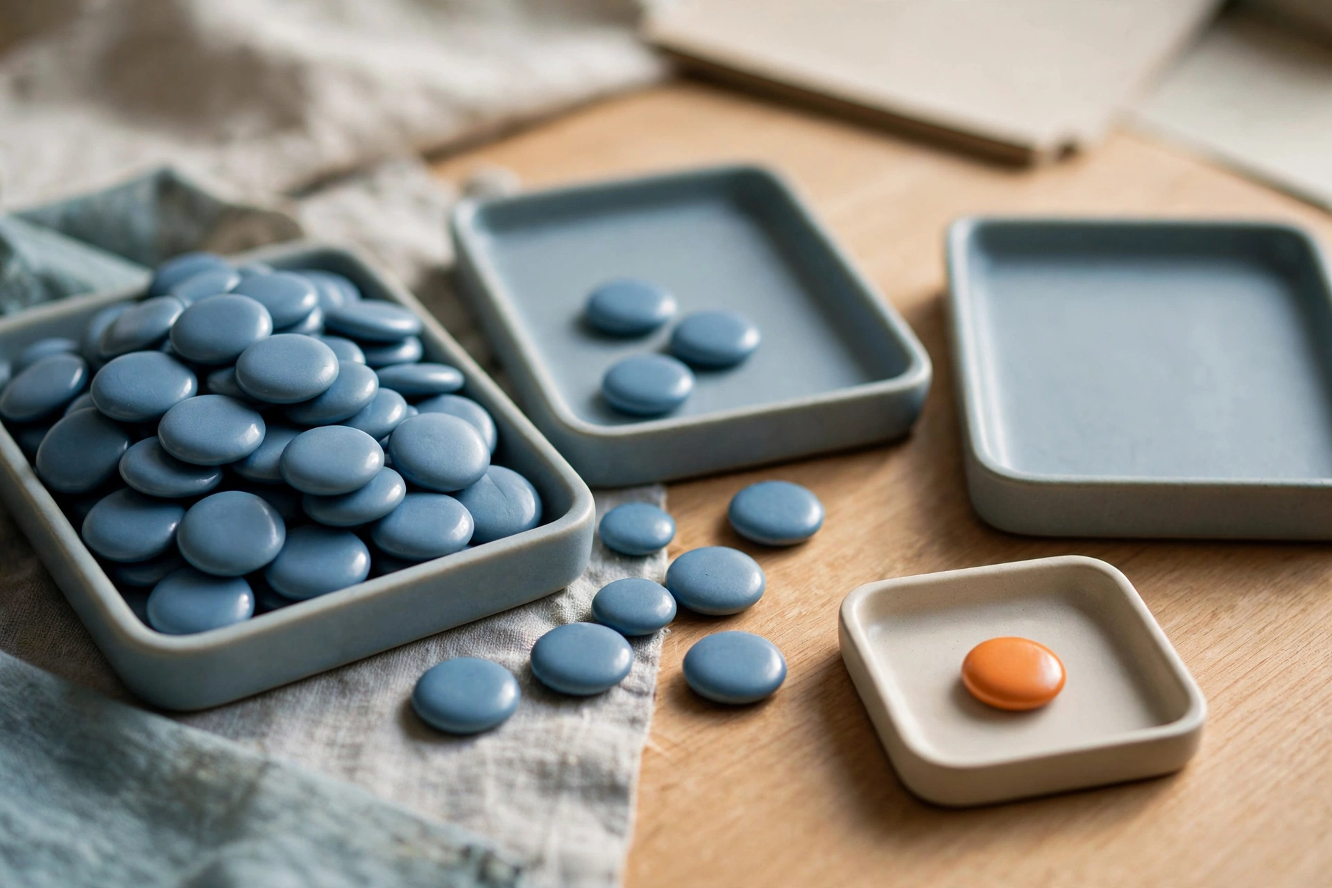 Three shallow trays hold blue tokens, with one tray containing an orange token, arranged on a wooden surface.
