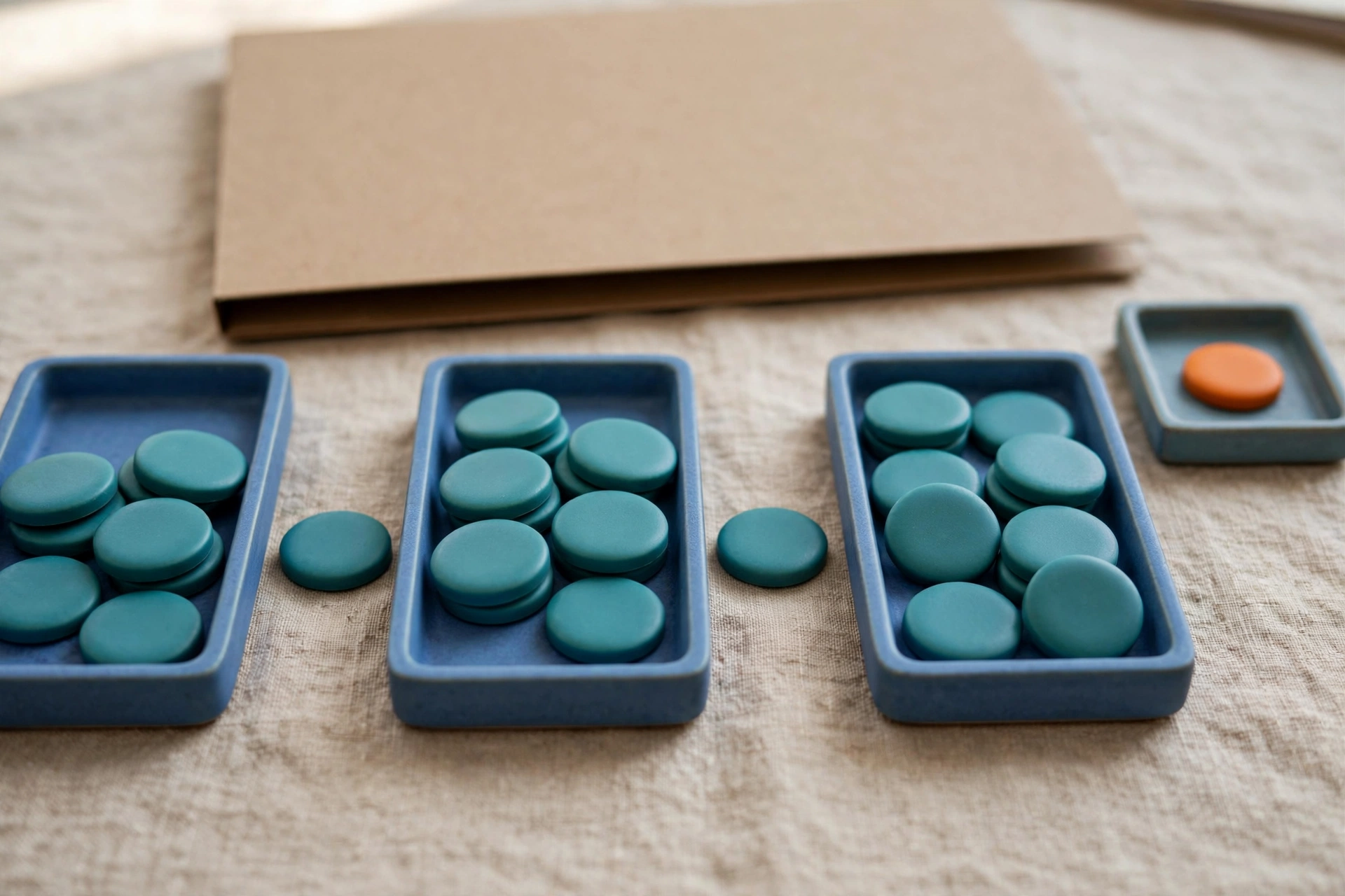 Three blue trays with teal tokens and one orange token in a separate tray are arranged on a textured surface with a closed folder behind.
