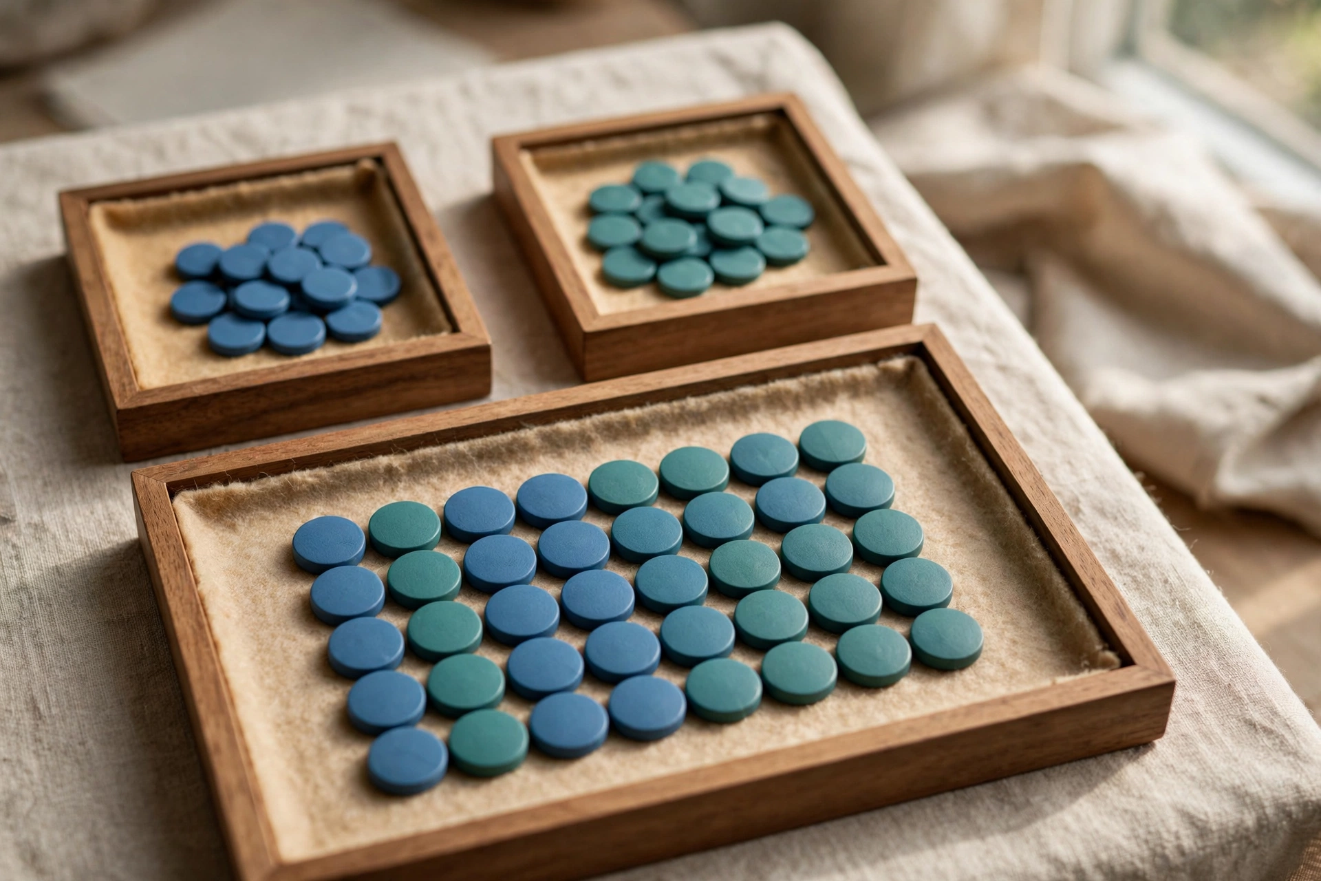 Two wooden trays hold separate piles of blue and teal tokens, with a third tray showing them neatly combined.