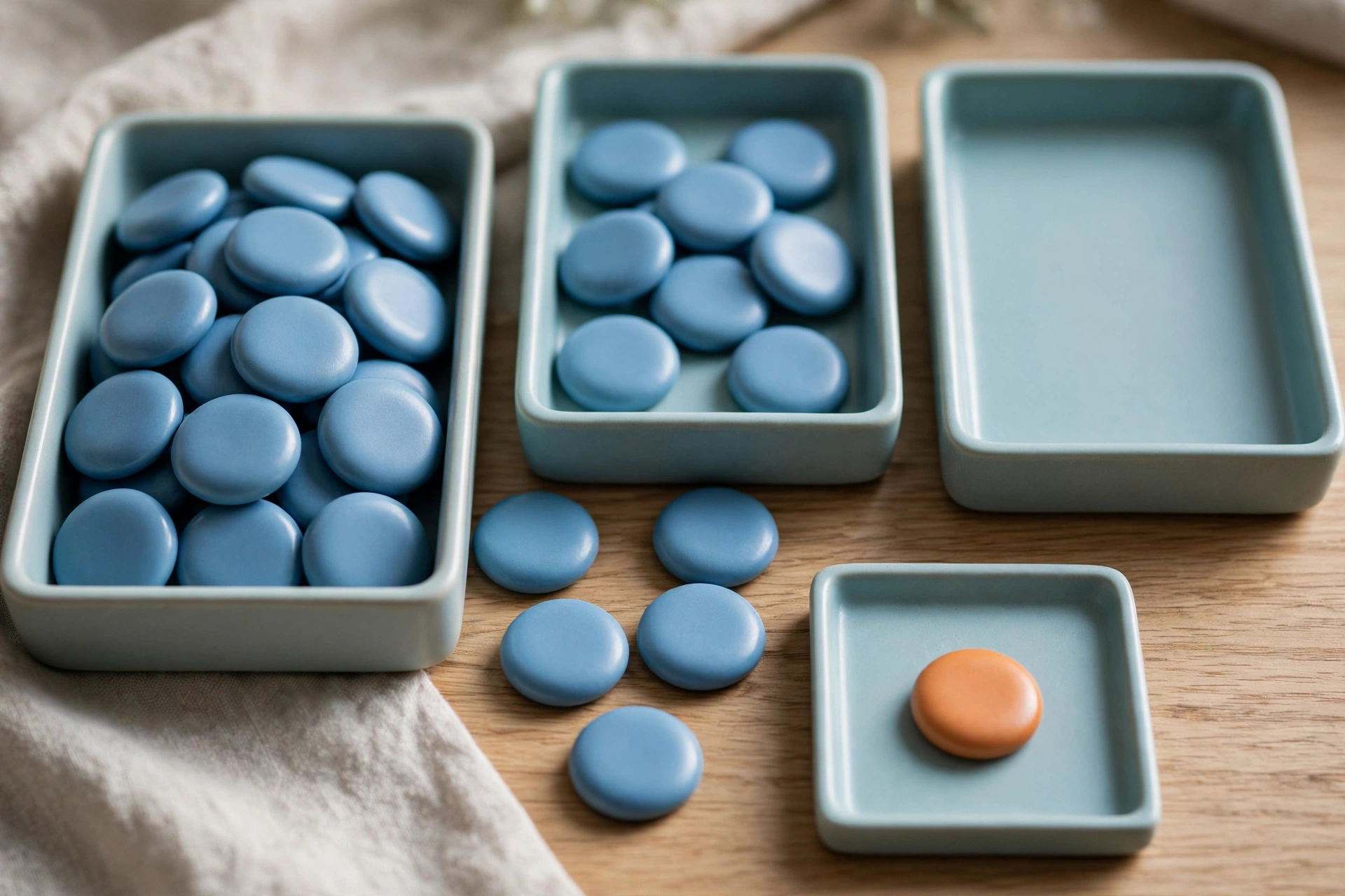 Several blue tokens fill two shallow trays, with a third tray empty and a fourth holding one orange token.
