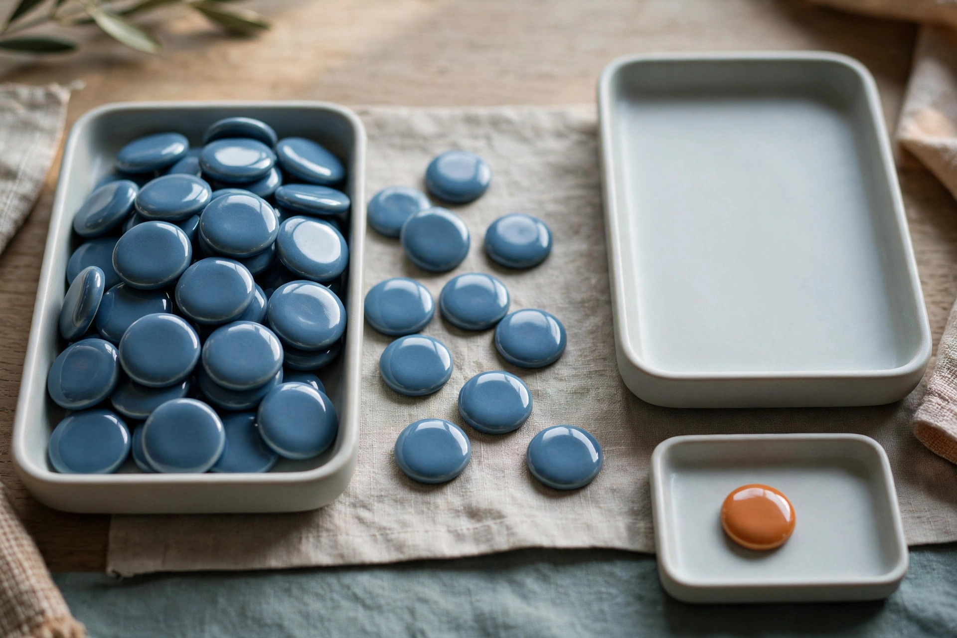 Three shallow trays hold blue ceramic tokens, with one tray containing an orange token, arranged on a textured surface.