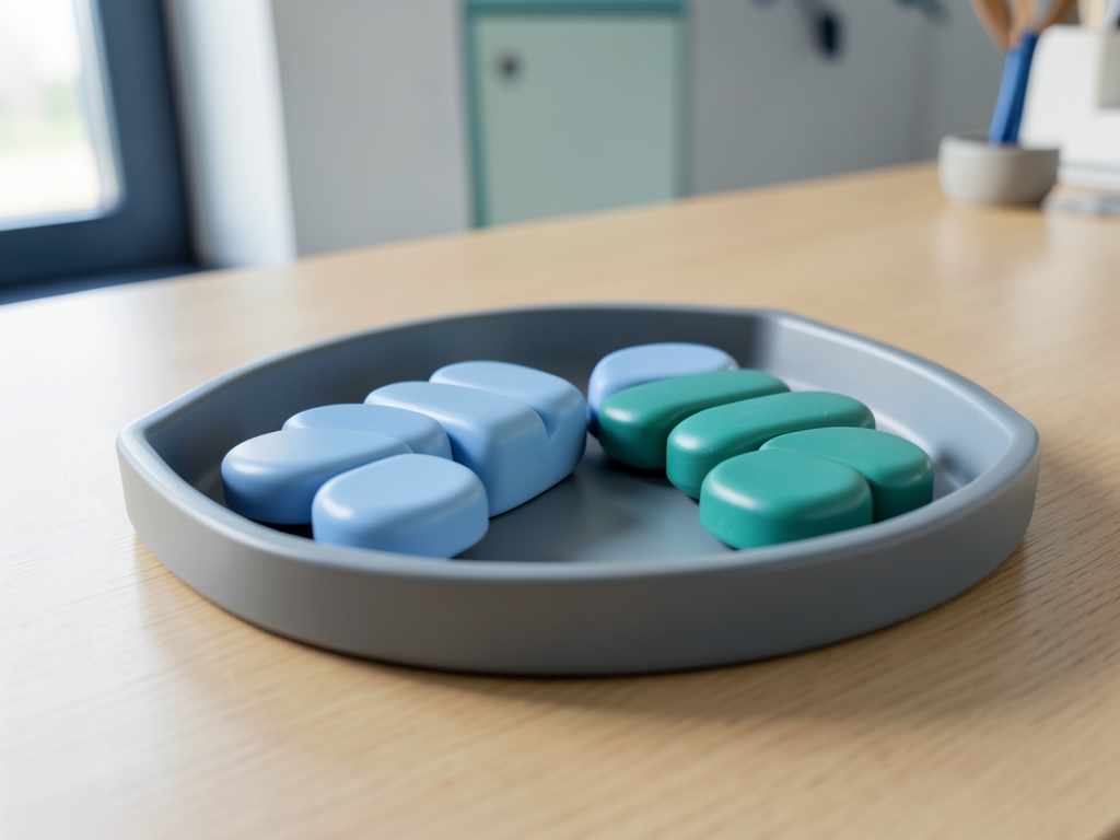 Two groups of blue and teal tokens are shown converging into a single organized row within a gray sorting tray on a wooden desk.