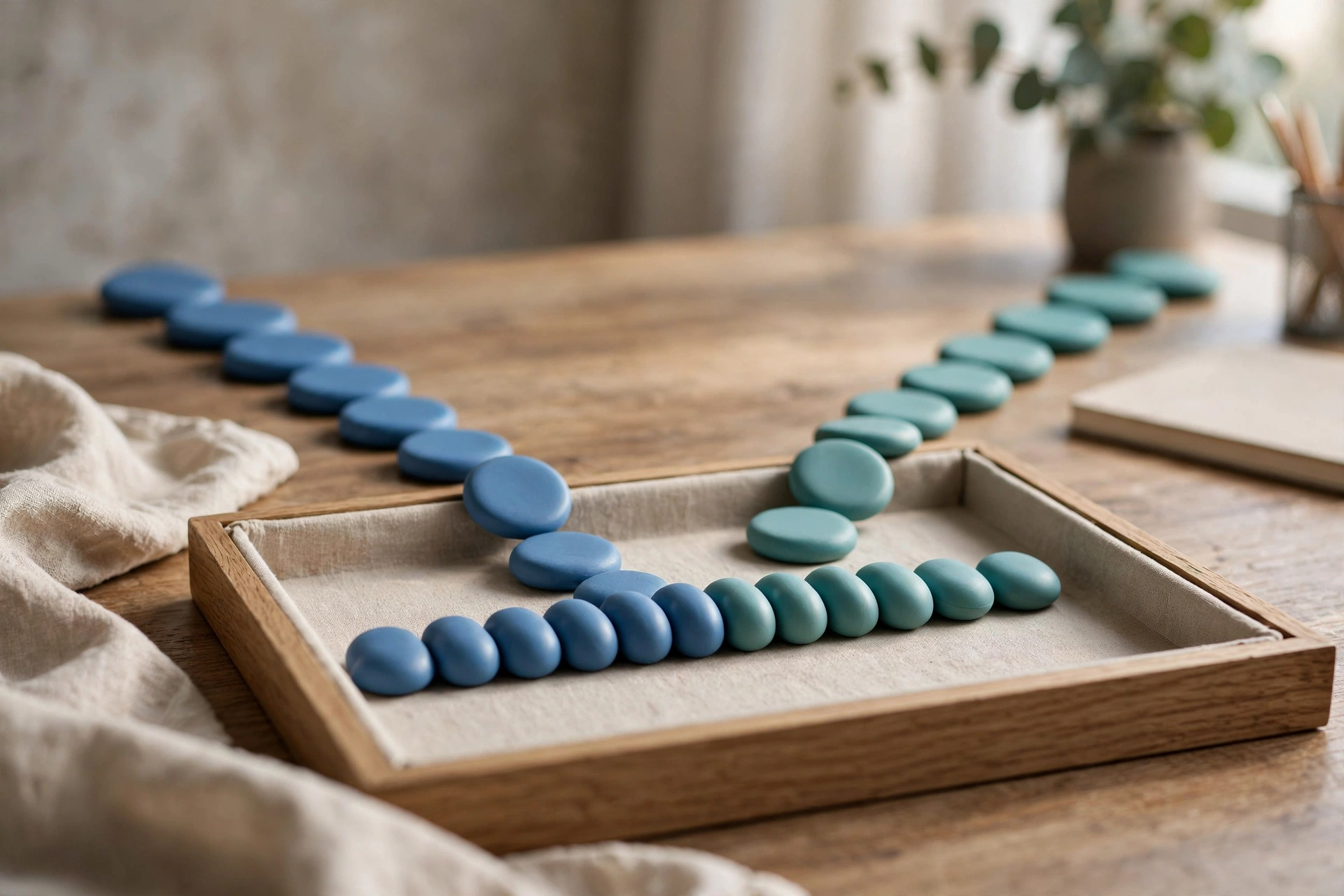 Two streams of blue and teal ceramic tokens converge into a neat ordered row inside a central shallow sorting tray on a wooden desk.