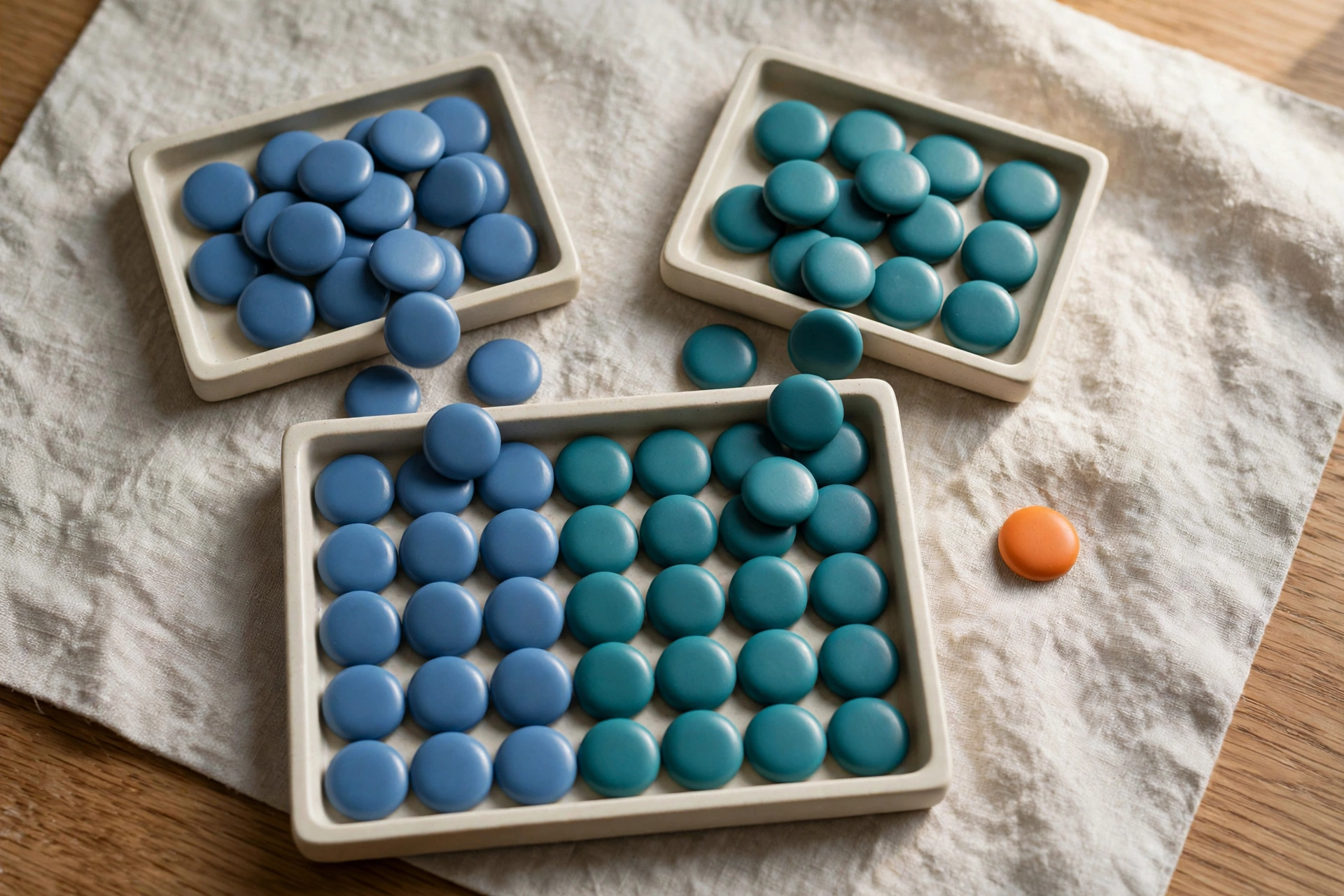 Two square trays of blue and teal tokens merge into a single larger tray, with one orange token beside it.