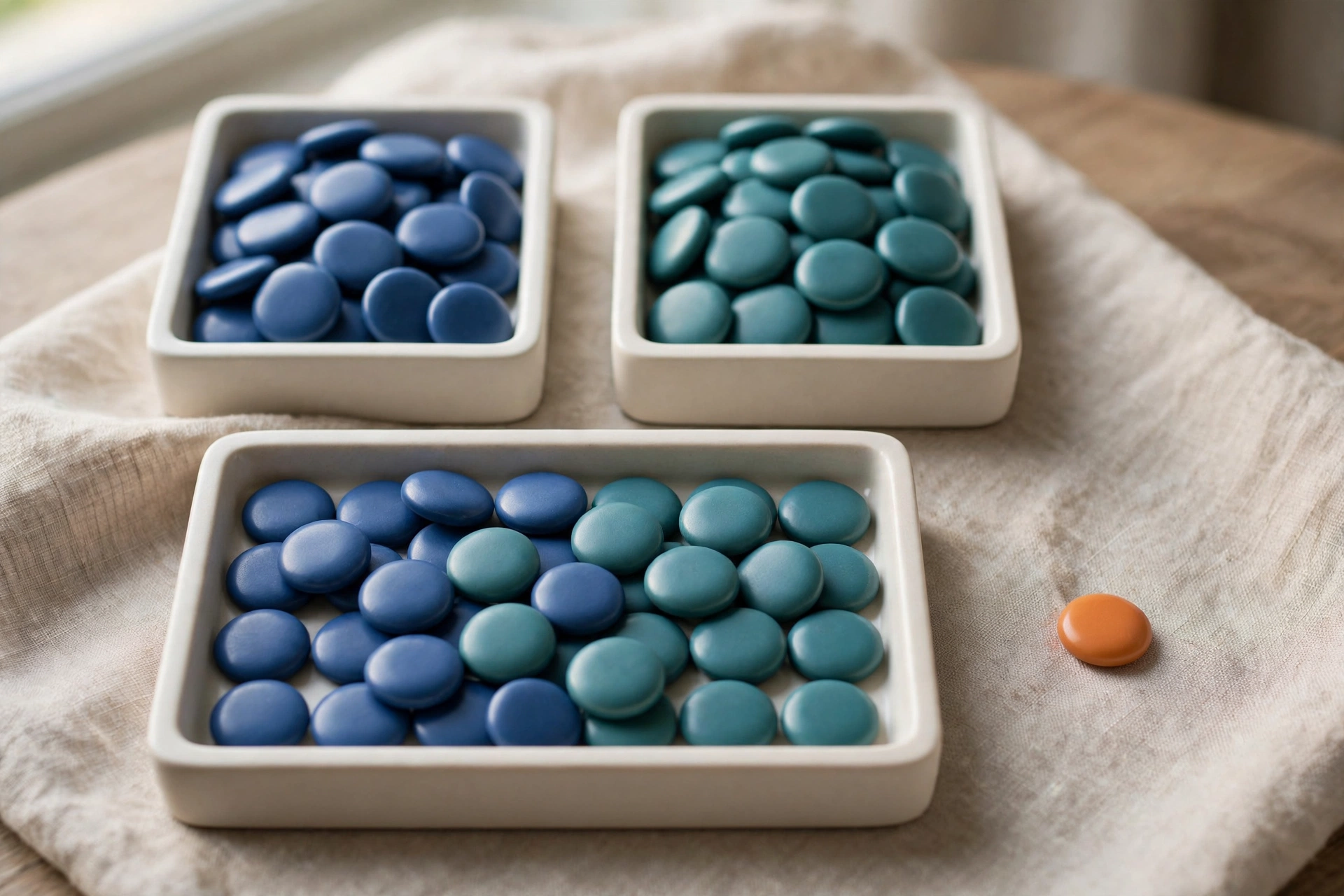 Two square dishes of blue and teal tokens merge into a single dish, with one orange token nearby.