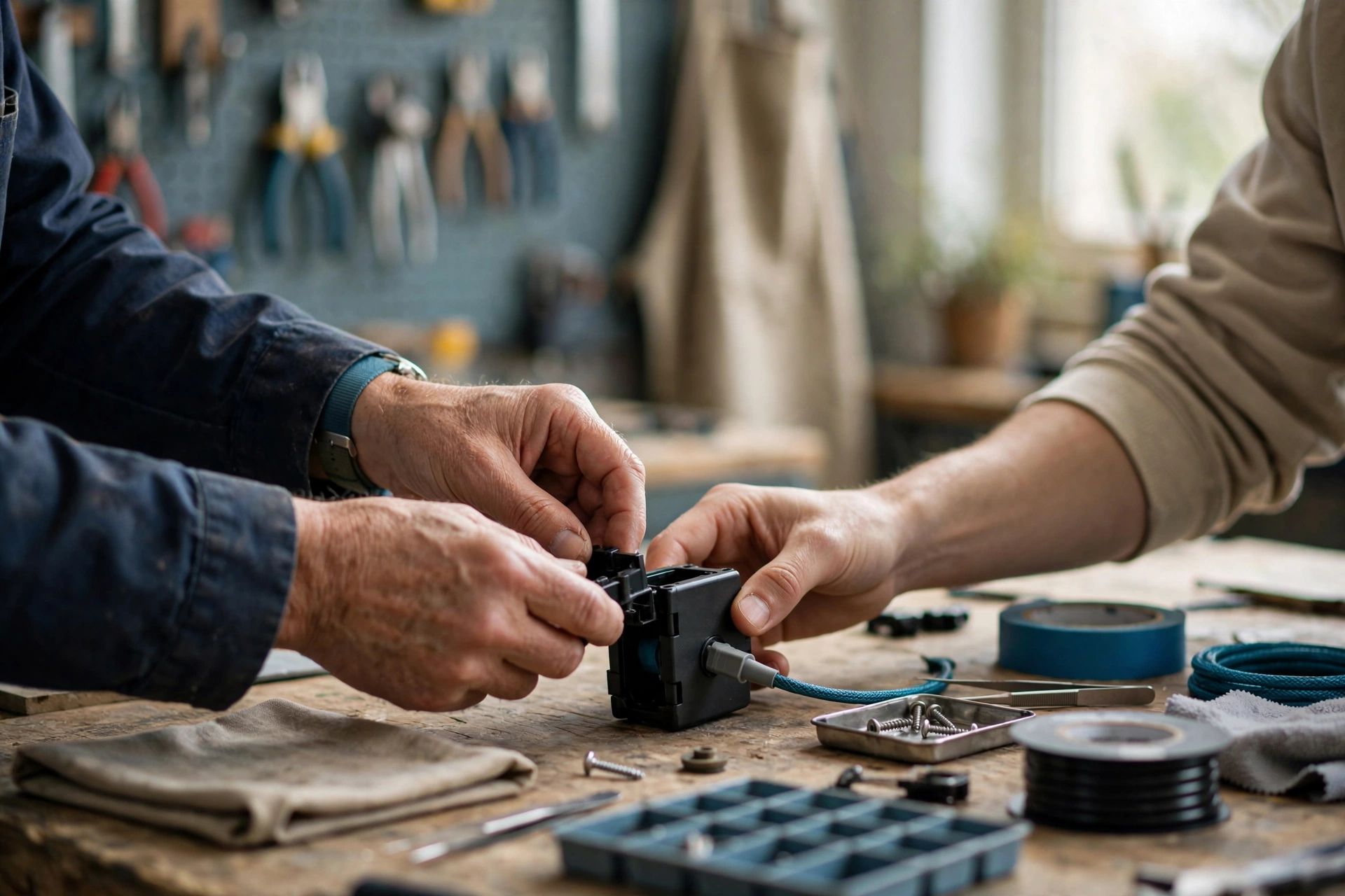 Two people's hands assemble a black device on a wooden workbench with tools and parts scattered around.