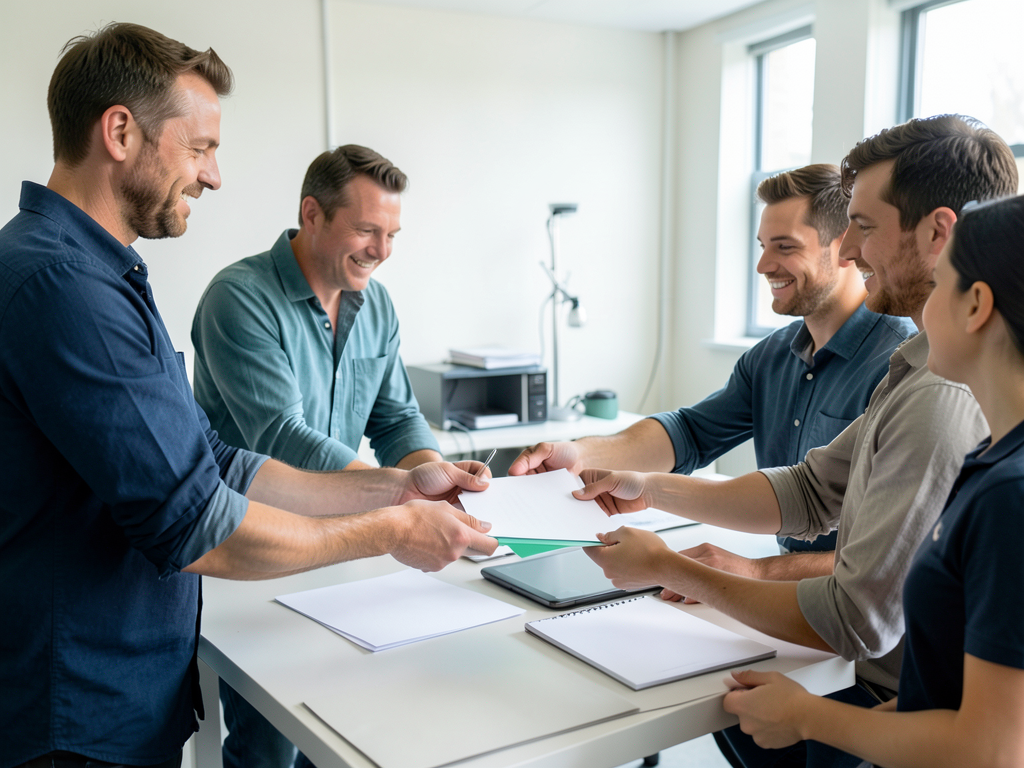 A diverse team of five people are gathered around a table, smiling and exchanging documents in a bright office setting.