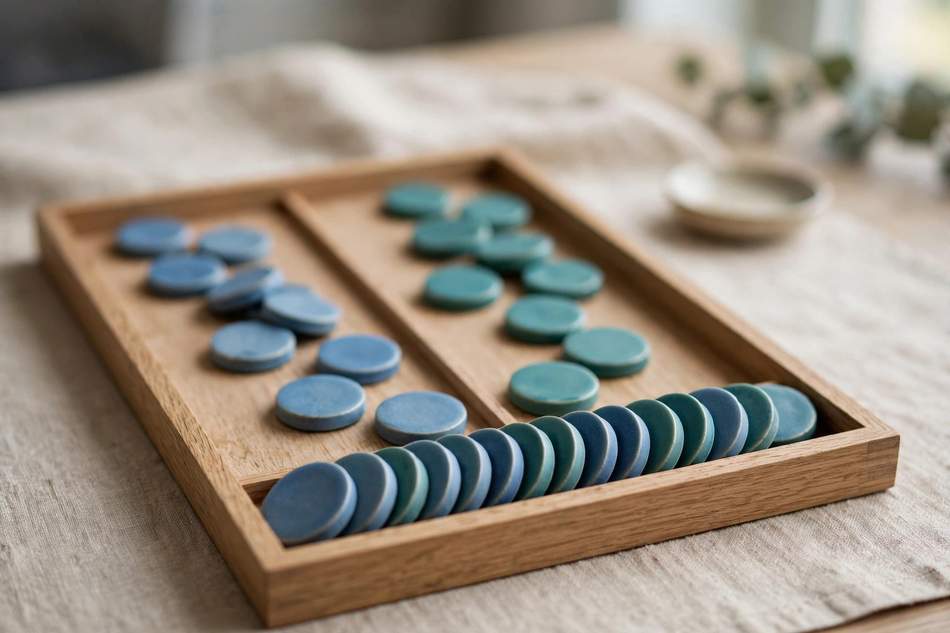 Two separate groups of blue and teal ceramic tokens converge into a single ordered row within a wooden sorting tray.