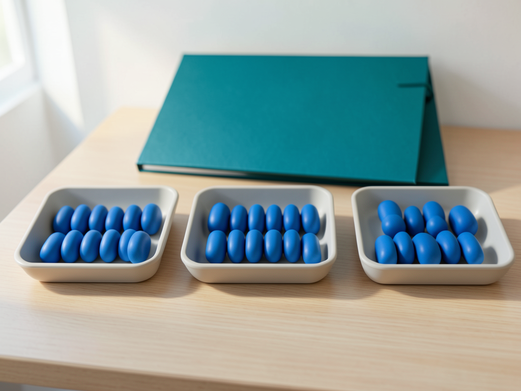 Three shallow trays of blue tokens are arranged on a wooden desk with a teal folder behind them.