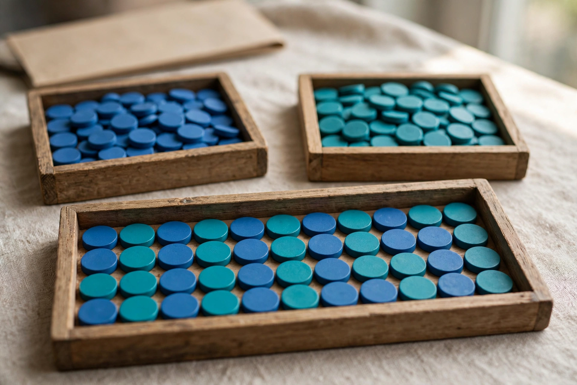 Two wooden trays filled with blue and teal tokens are shown, with a third tray in the foreground containing a neat sequence of both colors.
