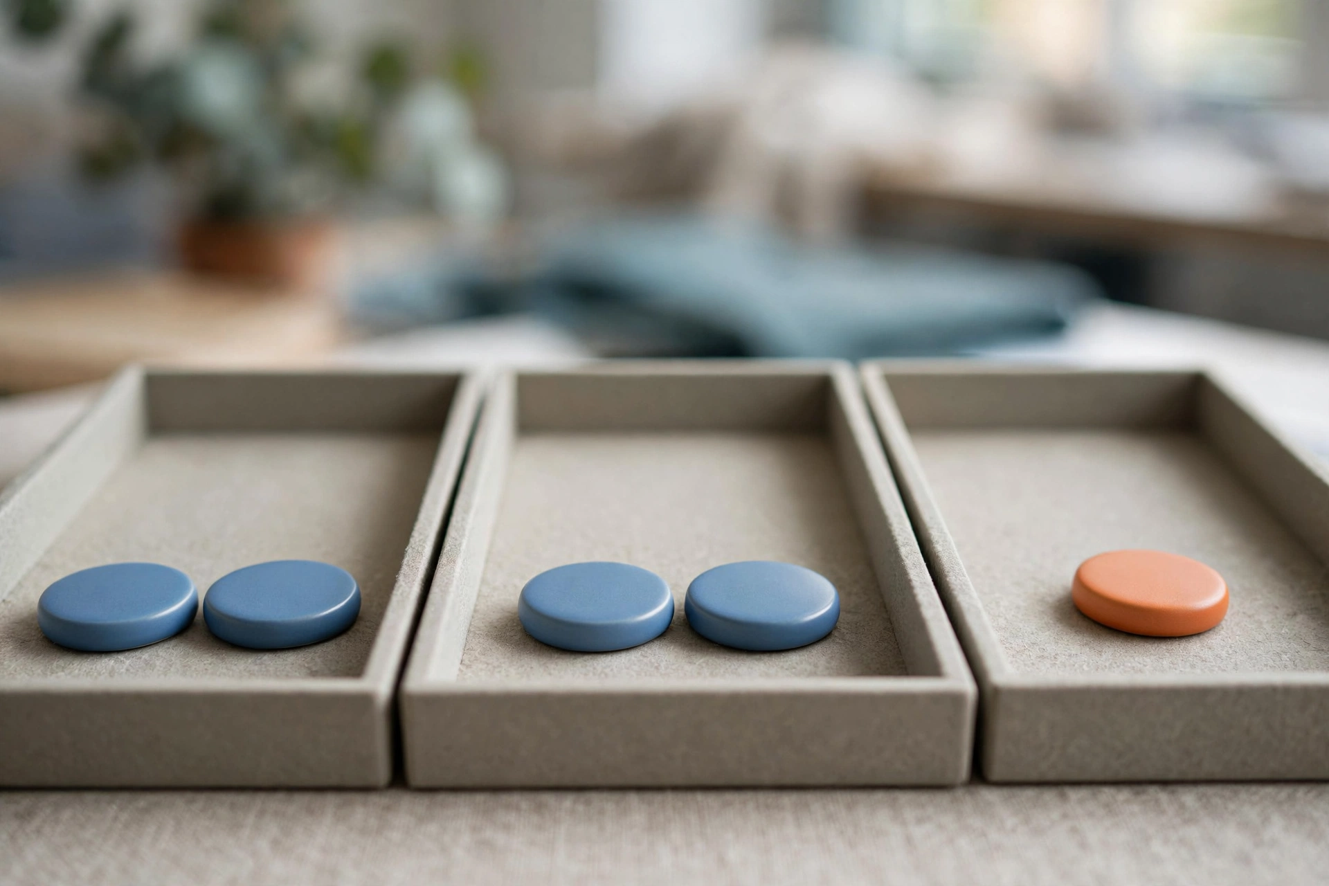 Three shallow sorting trays on a desk, with two trays holding pairs of blue tokens and one tray holding an orange token.