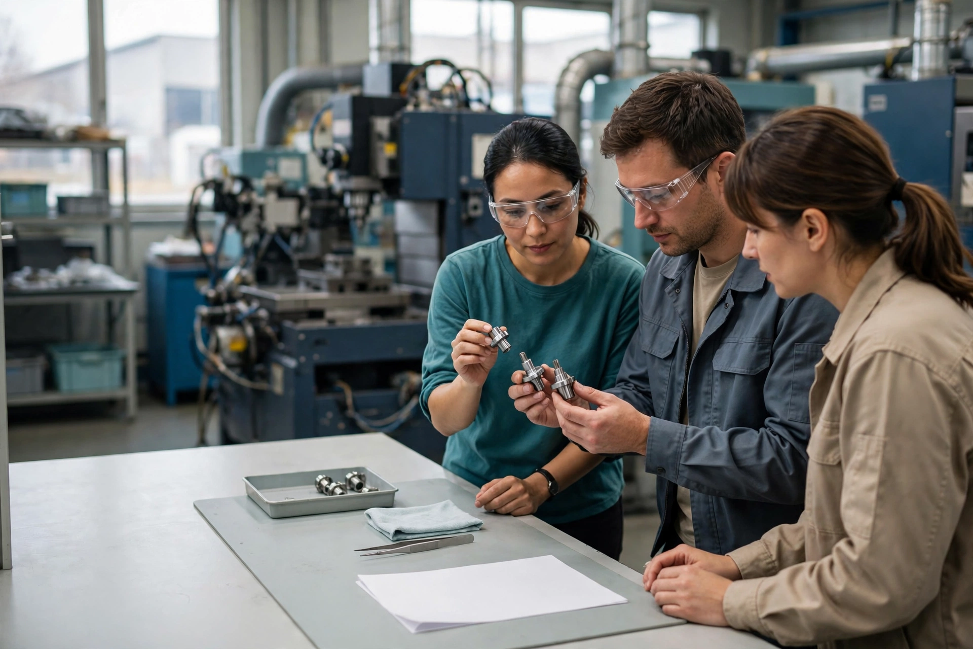Three manufacturing professionals wearing safety glasses compare metal parts at a clean assembly station with machinery in the background.