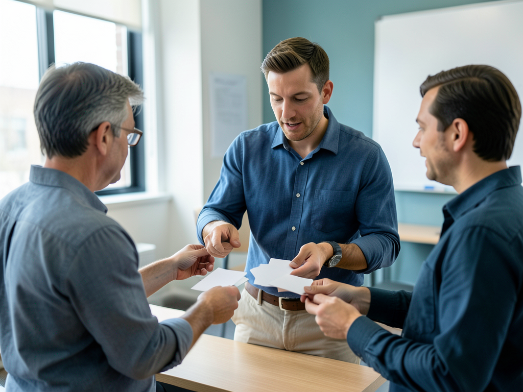 A man in a blue shirt discusses blank project cards with two other men in a studio setting.