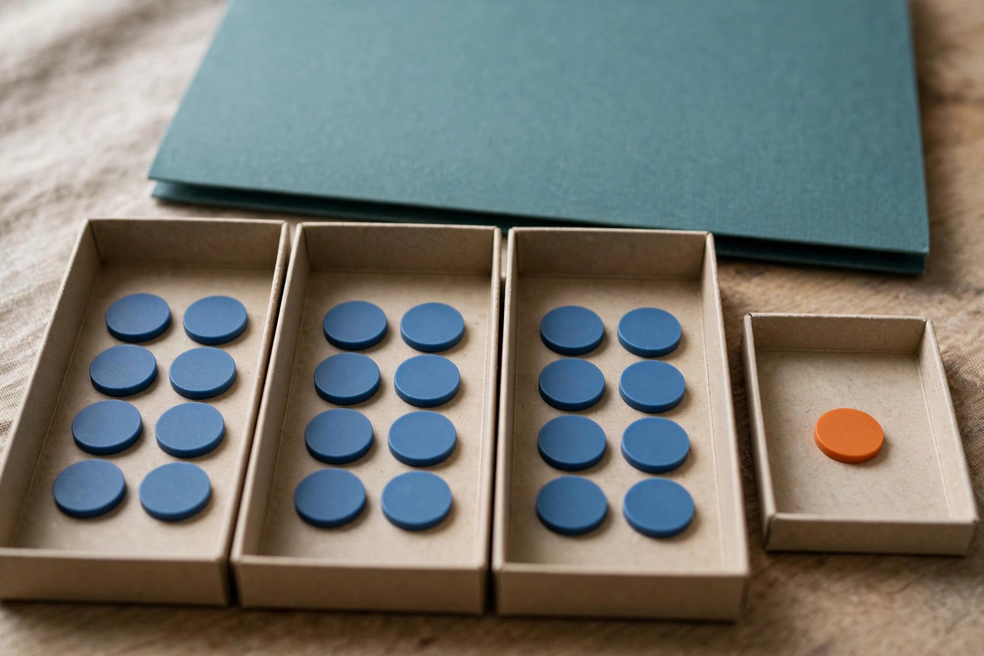 Three cardboard trays hold blue tokens, with a fourth tray holding a single orange token, and a teal folder behind them.