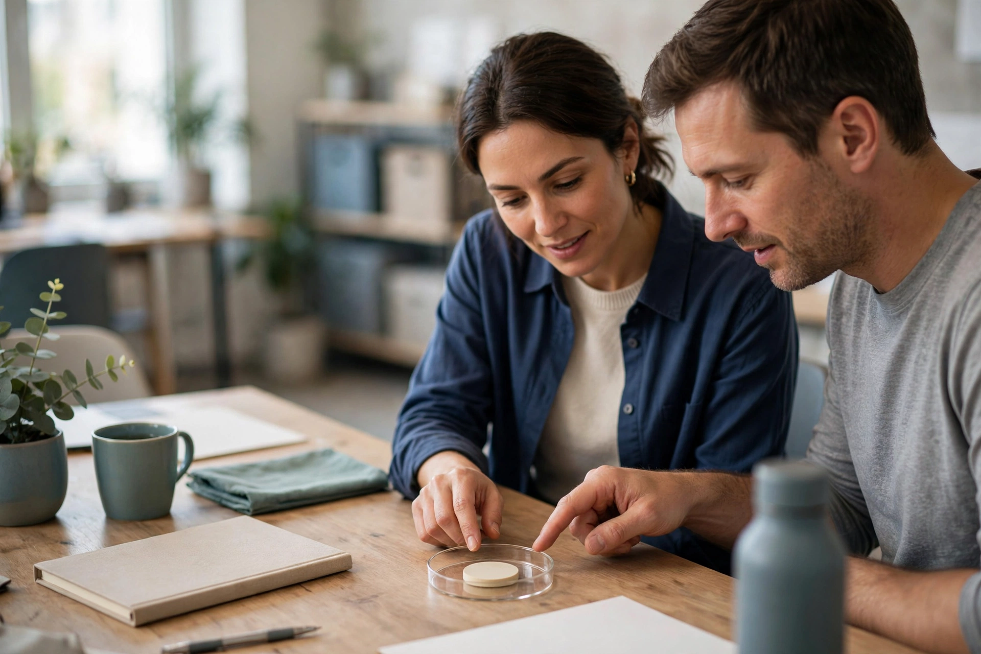A man and a woman lean over a table, examining a small sample in a petri dish.