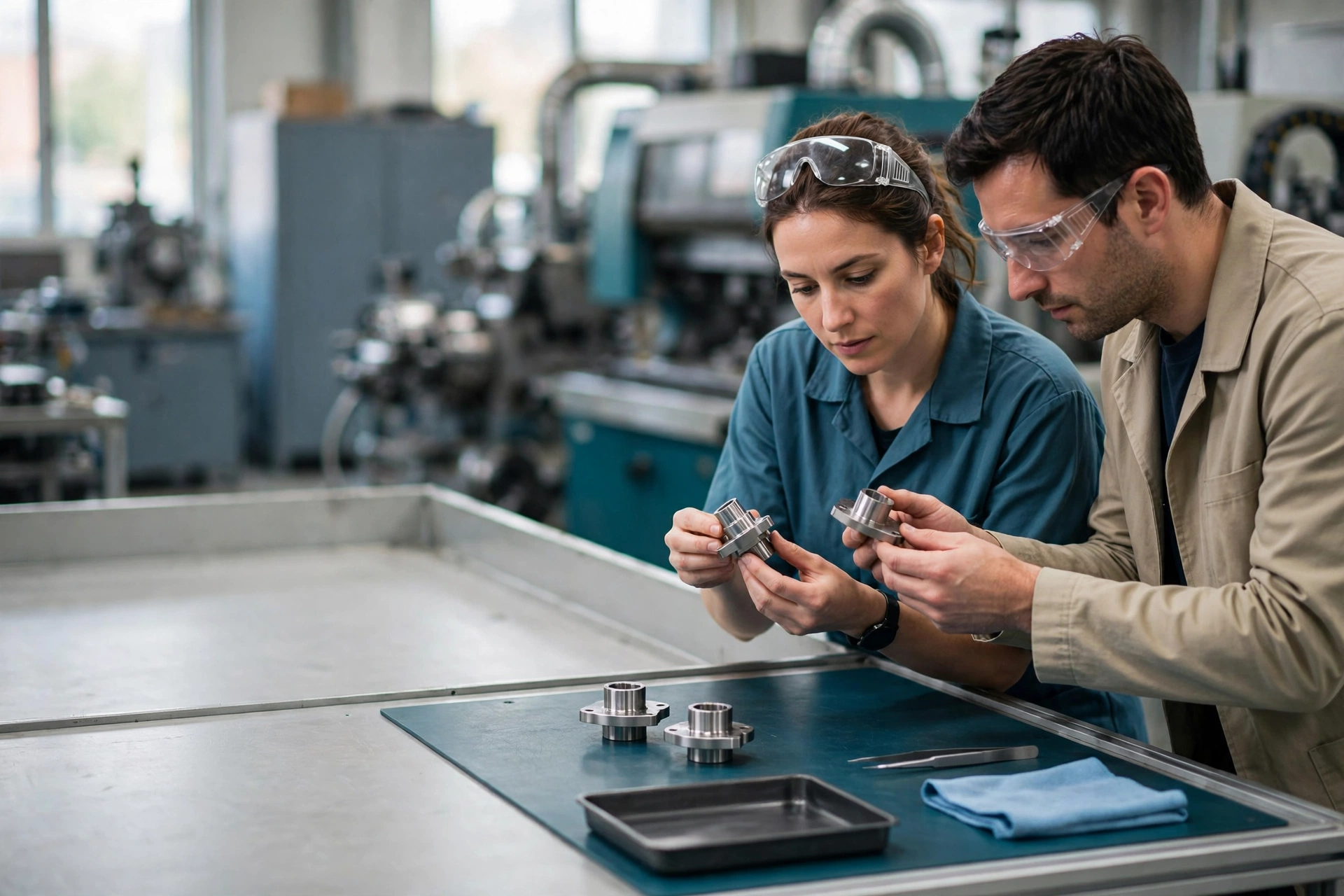 A woman and a man wearing safety glasses compare metal parts at a workbench in a manufacturing facility.