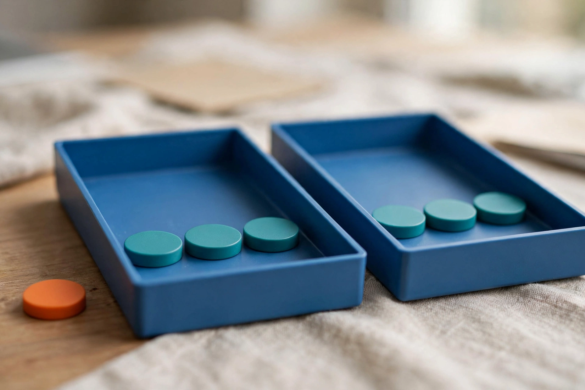 Two blue sorting trays hold teal tokens, with an orange token placed beside the left tray on a neutral surface.