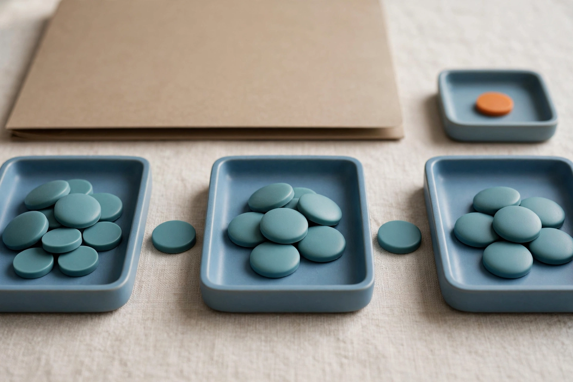 Three blue trays with teal tokens in sequence and a separate tray with an orange token are arranged on a textured surface.